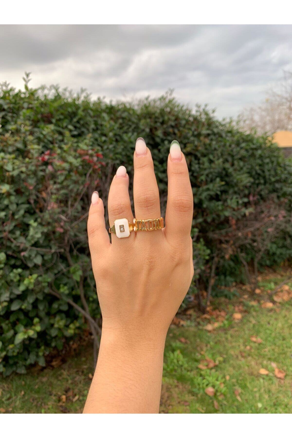 nordistanbul Gold Dior & Beyaz Taşlı Plaka 2'li Yüzük Seti