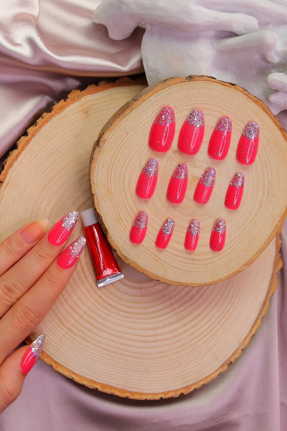 MUJGAN 12'li Badem Parlak Pembe Simli Takma Tırnak T15