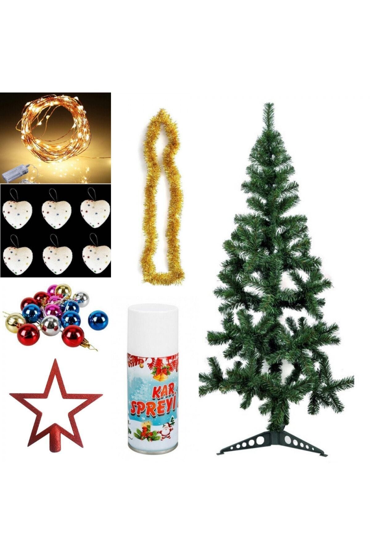 Mirvano 120 Cm Yılbaşı Çam Ağacı Seti, Yılbaşı Süsleri, 5 Mt Peri Led, Kar Spreyi
