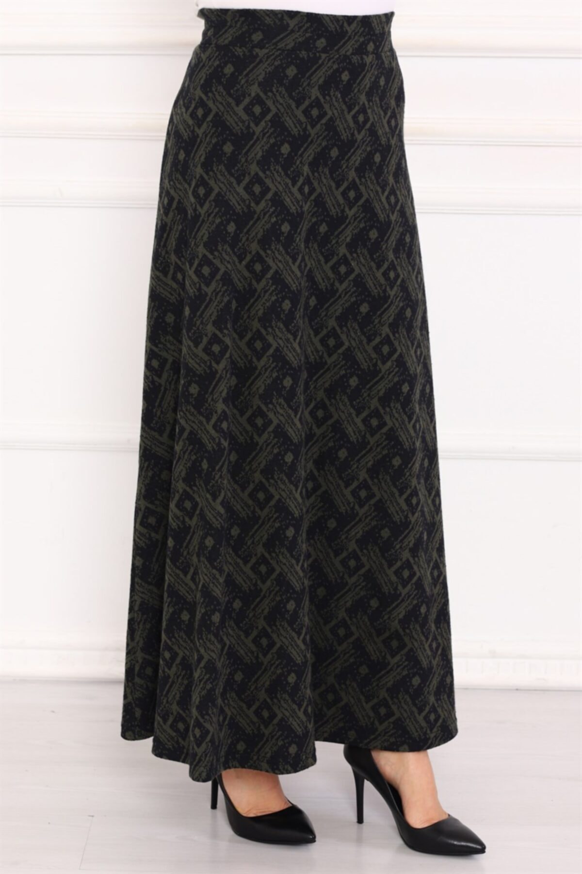 ModaBerfu Kadın Haki Kare Desenli Kaşe Etek