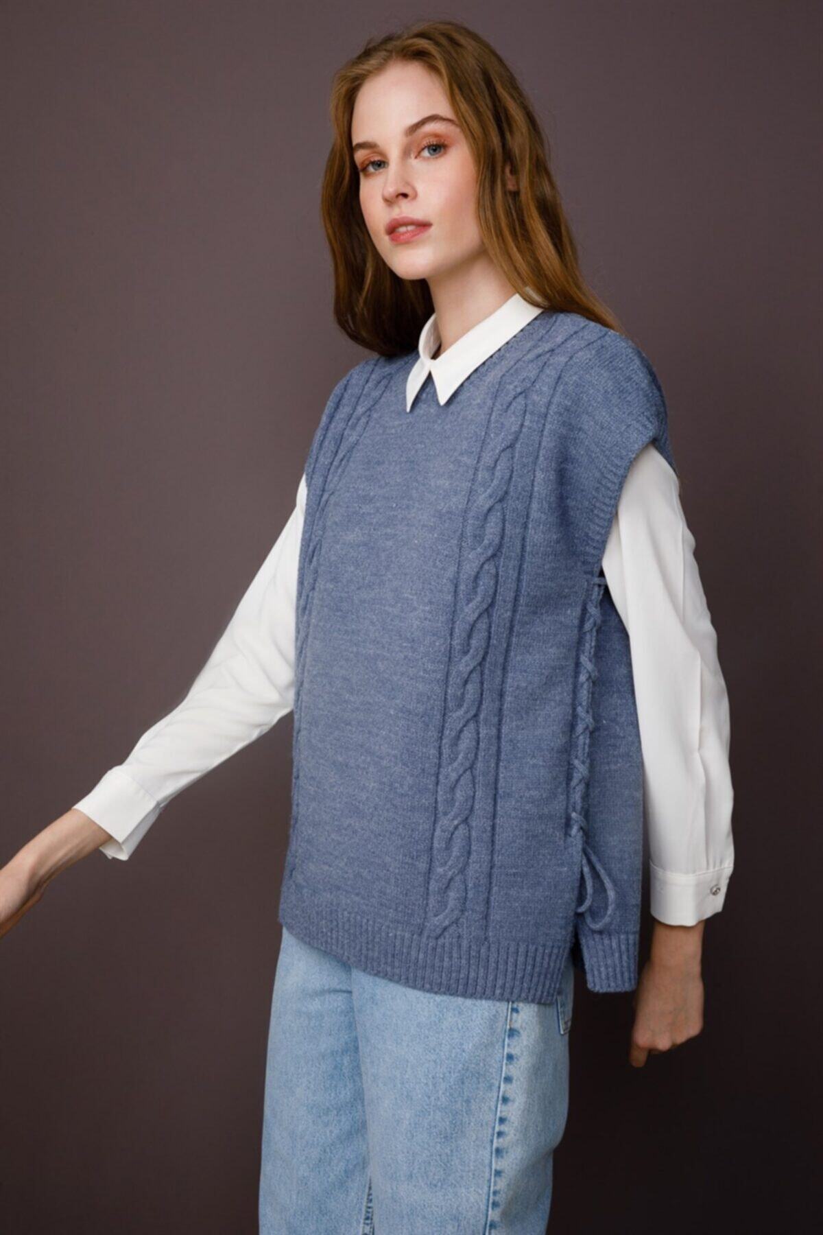 Ghisa Sıfır Yaka Triko Süveter Indigo