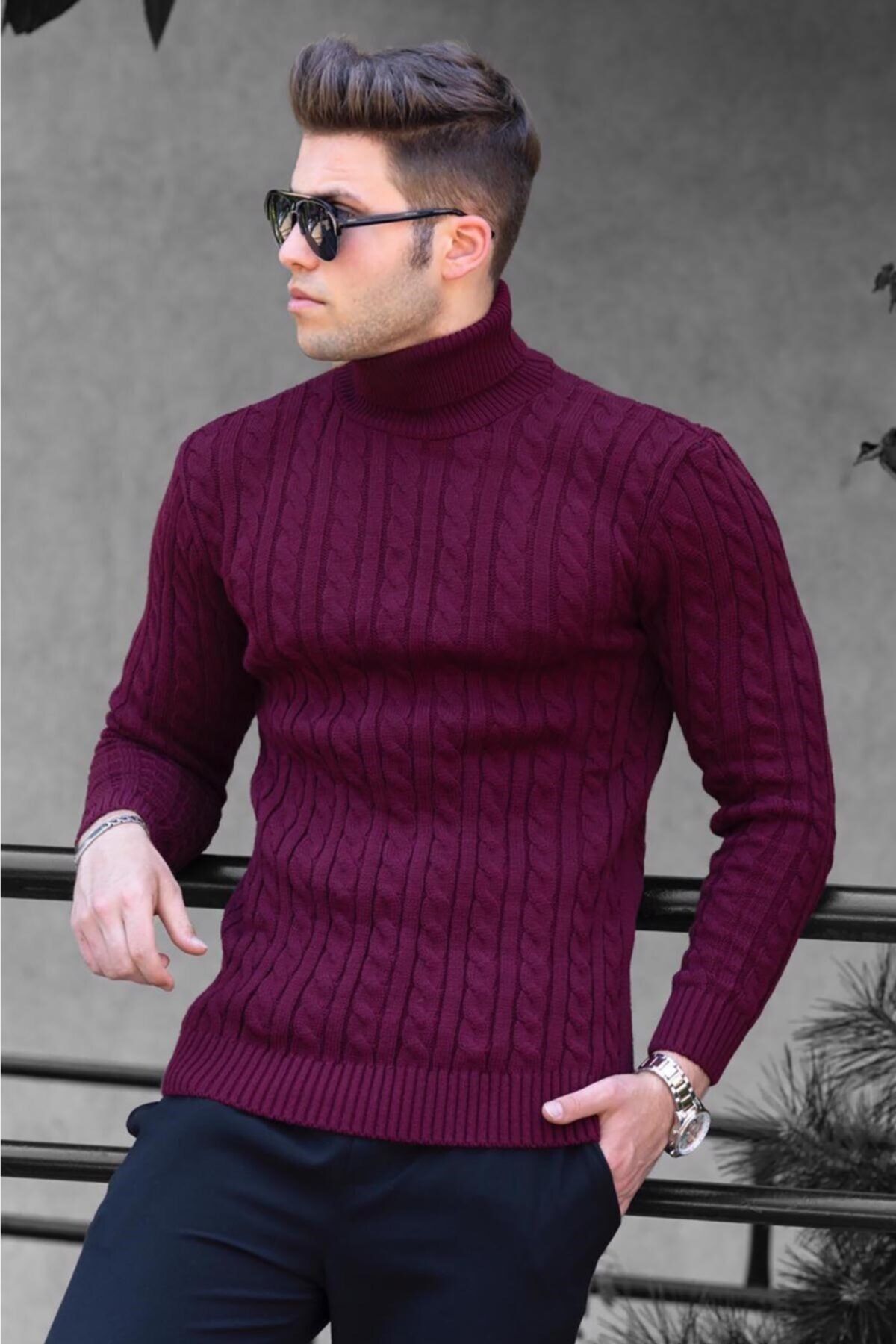 Madmext Erkek Örgü Desenli Balıkçı Yaka Bordo Kazak 4654