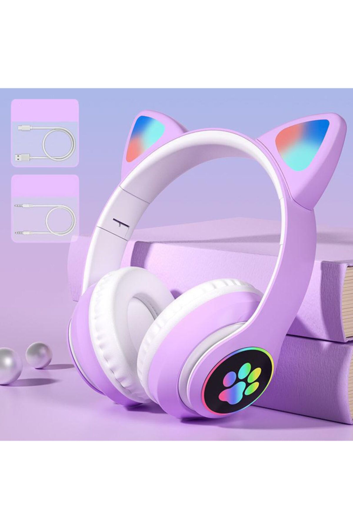 TamamElek Işıkl Katlanabilir Kedi Kulaklıklar Kablosuz Bt5.0 Gürültü Azaltma Mic Ile Aux Tf Kart Kulaklıklar