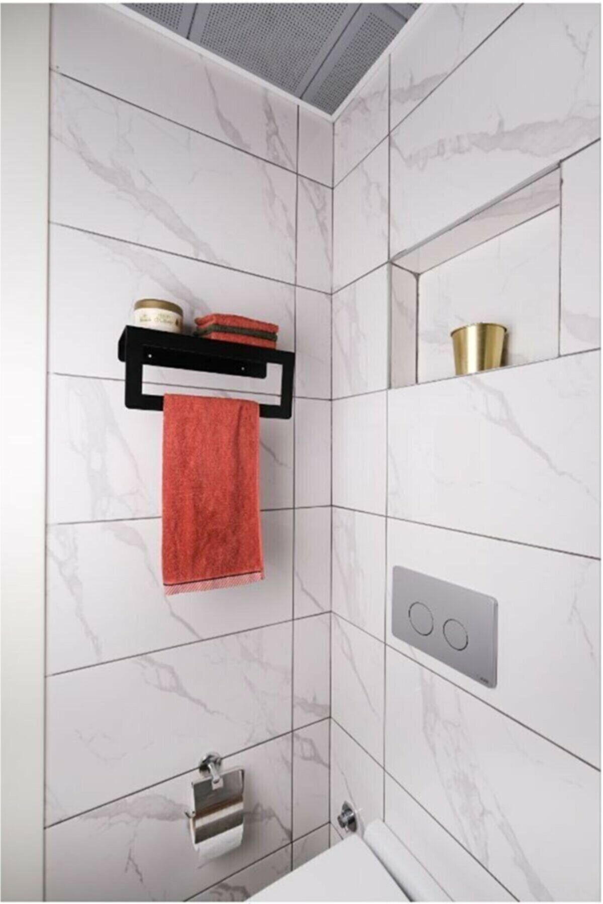 ERA ART Siyah Havlu Tutacağı Raf Metal Havlu Askısı Mutfak Banyo Raflı Havluluk Metal Raflı Havluluk