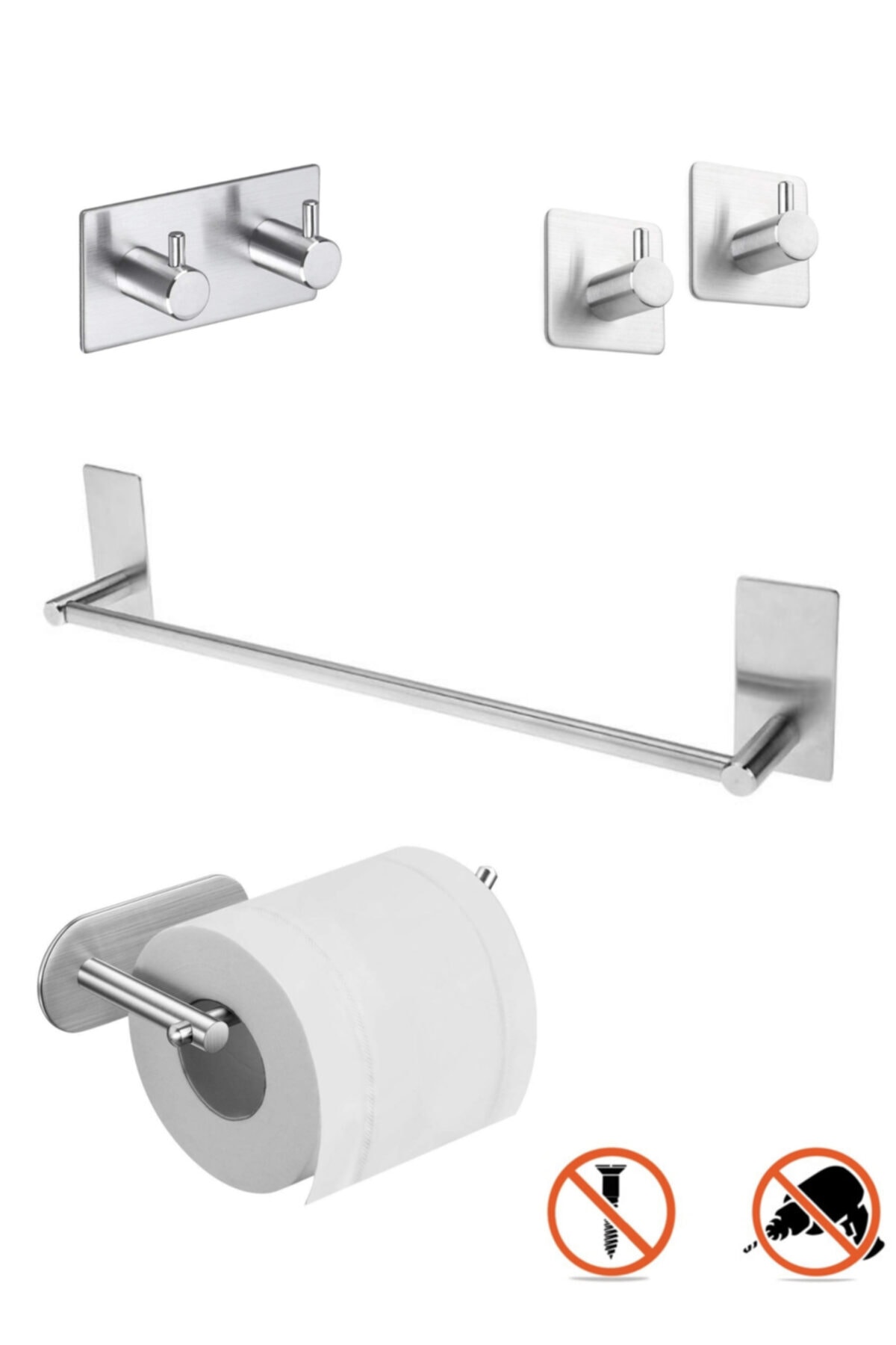 DELTAHOME Paslanmaz Çelik Set, 40cm Havluluk, Tuvalet Kağıtlığı, Bornoz Askısı, Iki Adet Havluluk