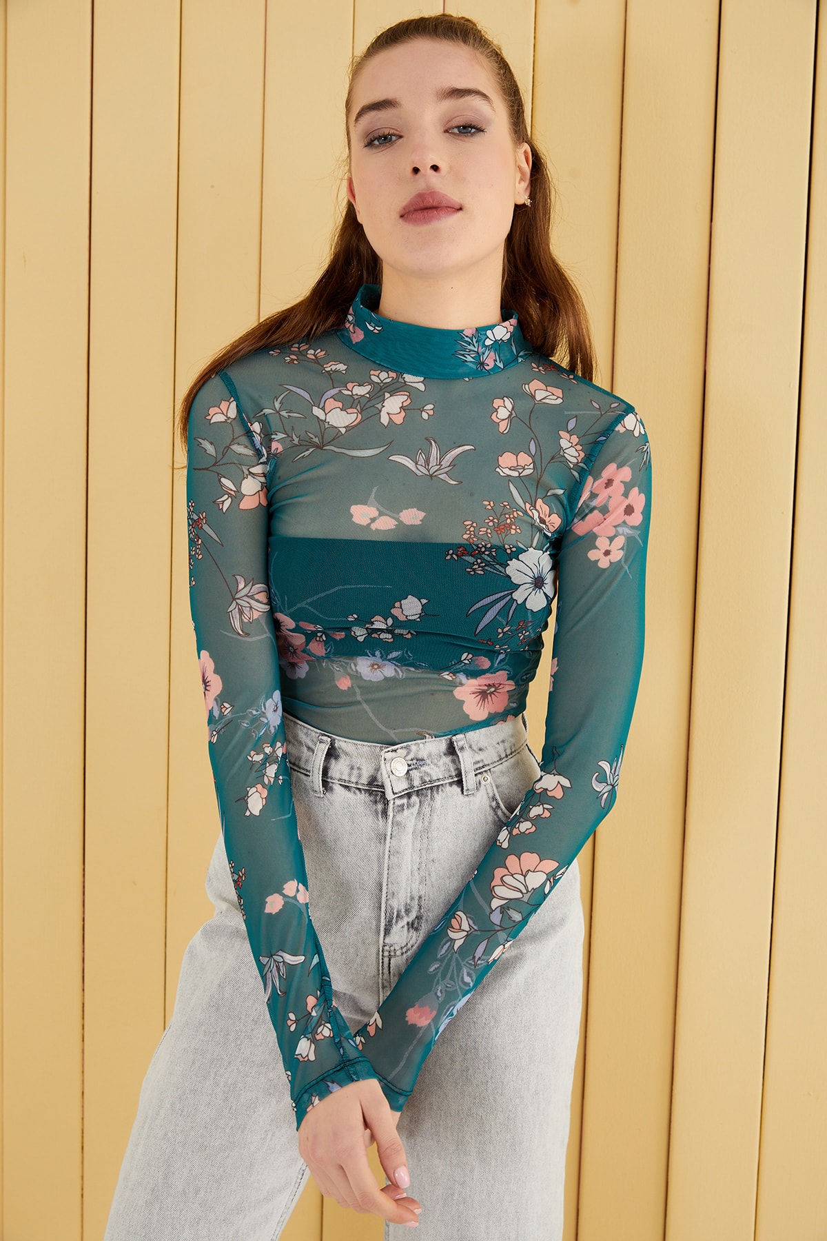 Bukamiss Kadın Yeşil Çiçek Desen Tül Transparan Bluz