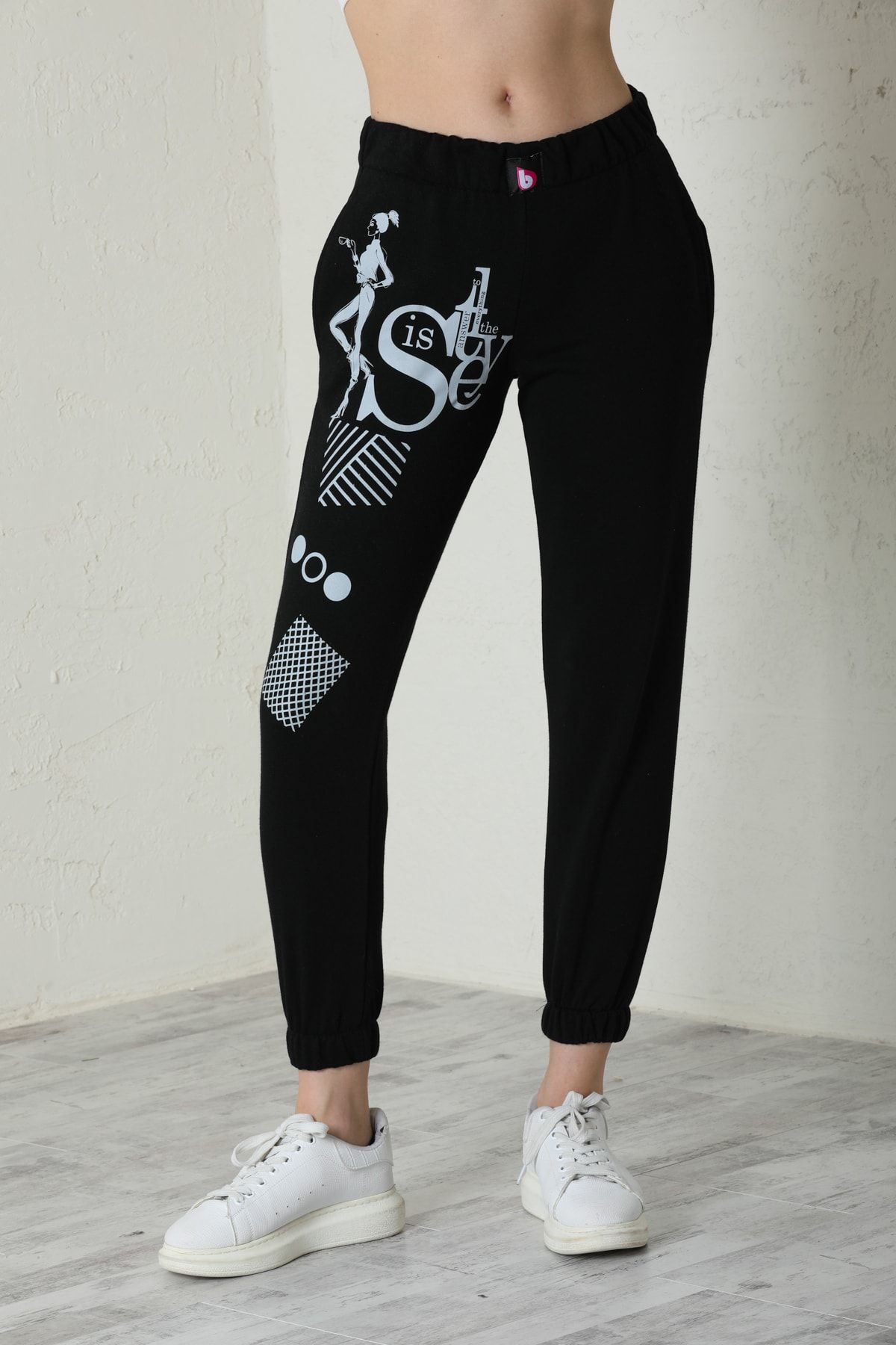 Anibody Kadın Kalın Paça Lastikli Eşofman Alt Kışlık Baskılı  Pantalon Siyah Slim Fit