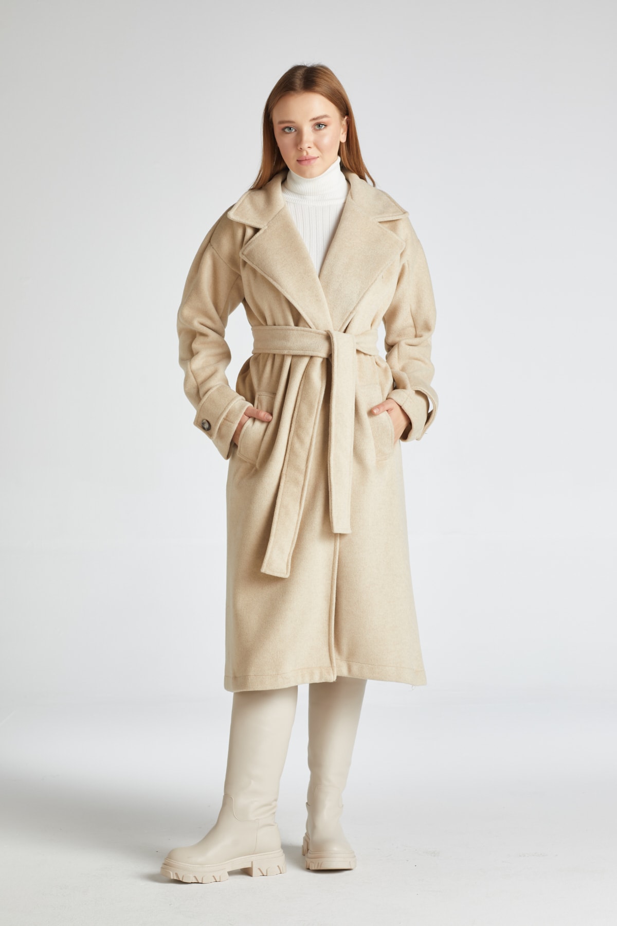 minaaise Taş Kaşe Kemerli Uzun Kaban