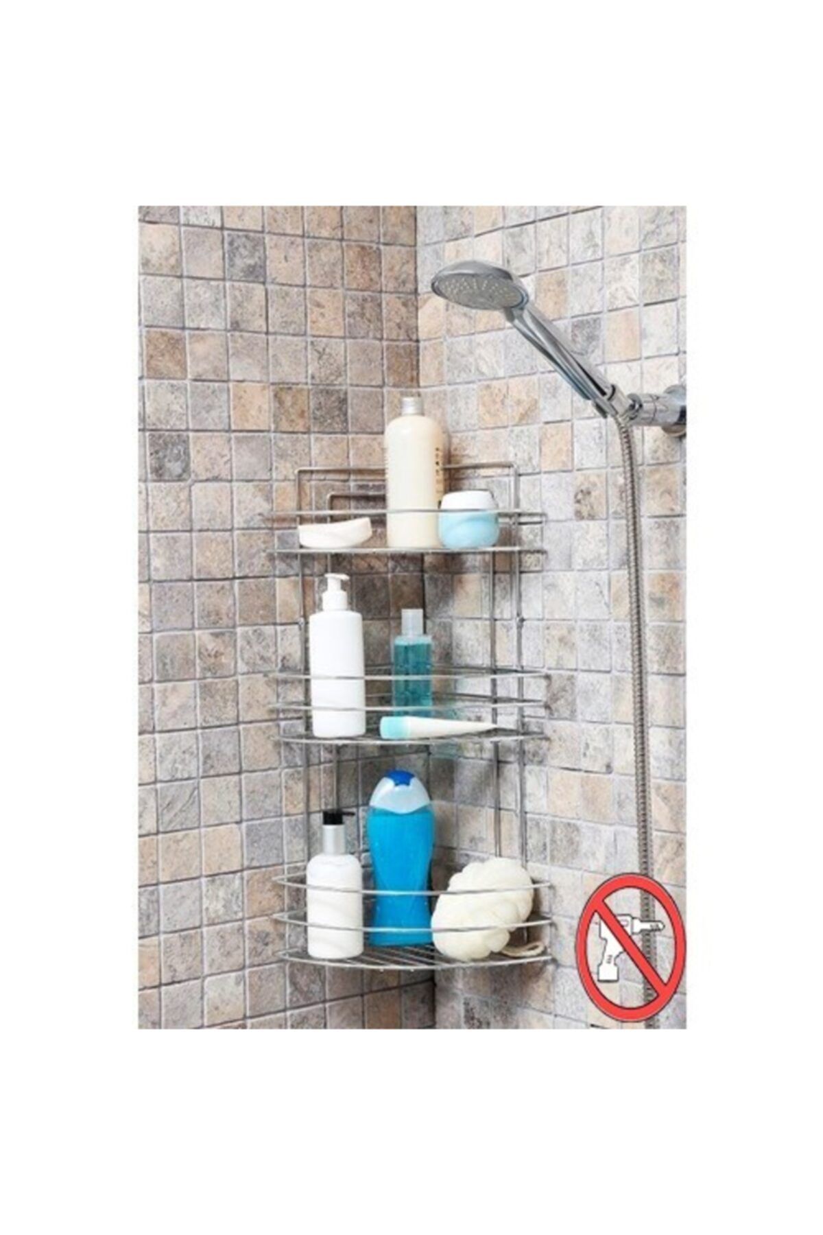 Sas Paslanmaz Duvara Yapışkanlı 3 Katlı Banyo Köşeliği Şampuanlık Banyo Düzenleyici Rafı Krom Tk-03