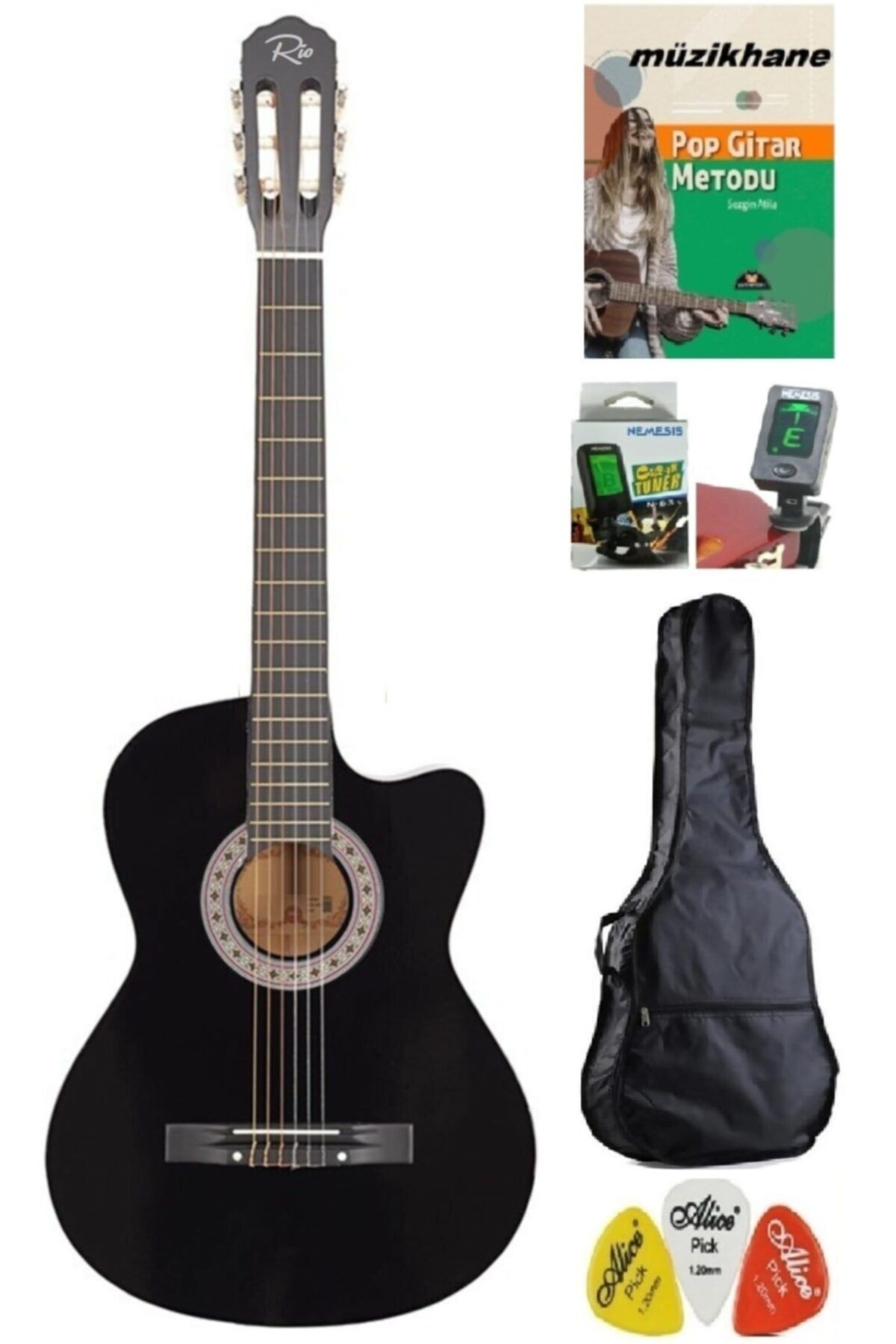 müzikhane 4/4 Tamboy Siyah Kesik Kasa Gitar- Kılıf- Metot -akort Cihazı- Pena