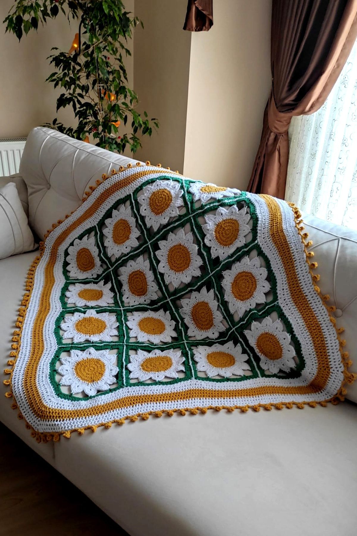 nftart.design Sarı Papatya - El Örgüsü Koltuk Şalı & Diz Battaniyesi & Tv Battaniyesi