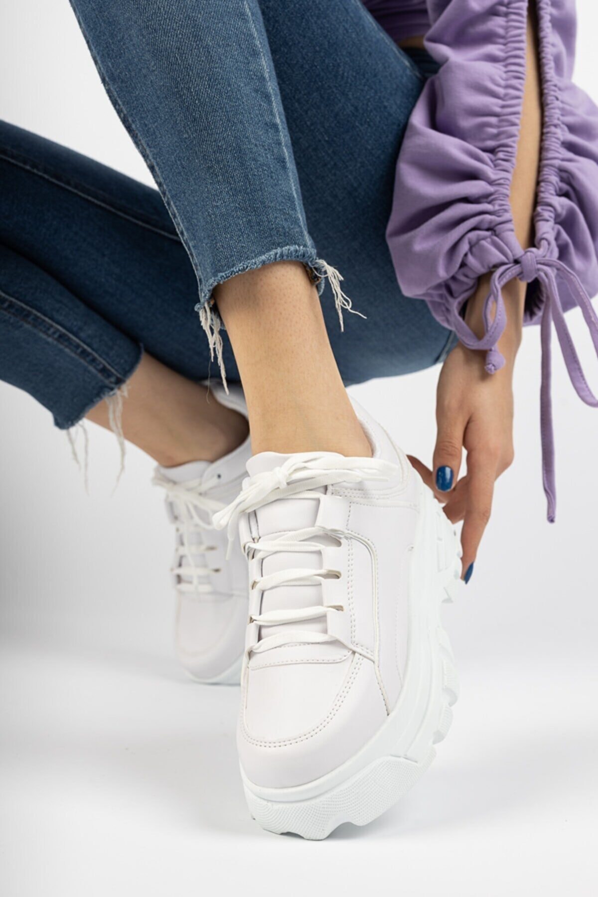 NewStep Kadın Beyaz Kalın Taban Spor Ayakkabı 7010