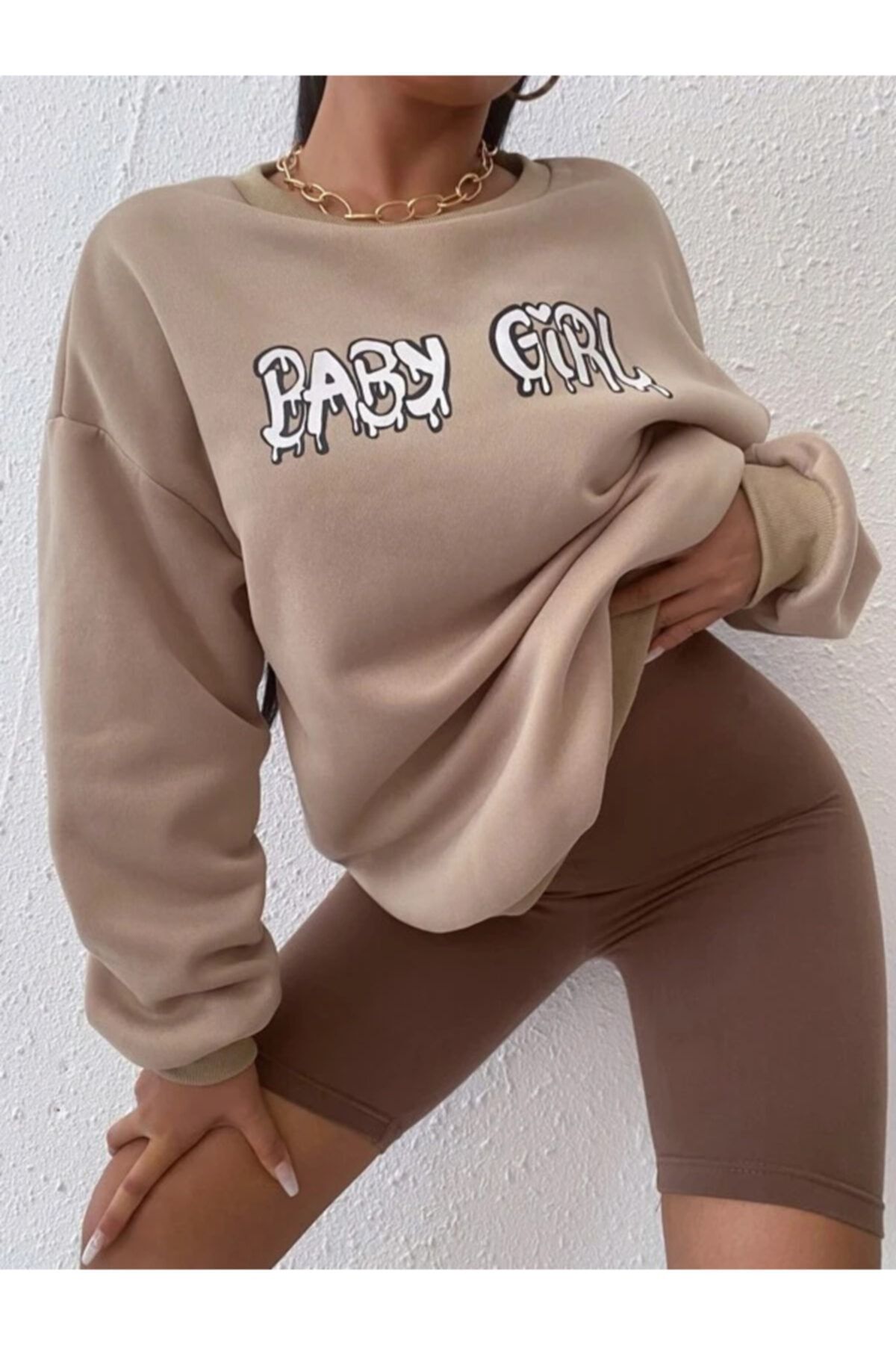 Deocept Kadın 3iplik Oversize Bej Baskılı Sweatshirt