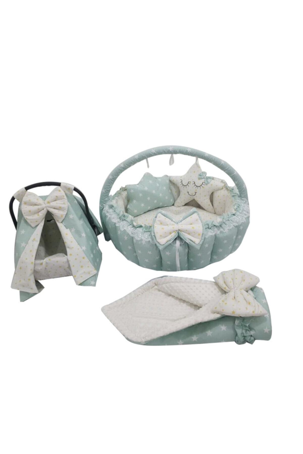 Jaju Baby Yeşil Yıldız Tasarım Lüx Oyun Minderi Babynest 8 Parça Set