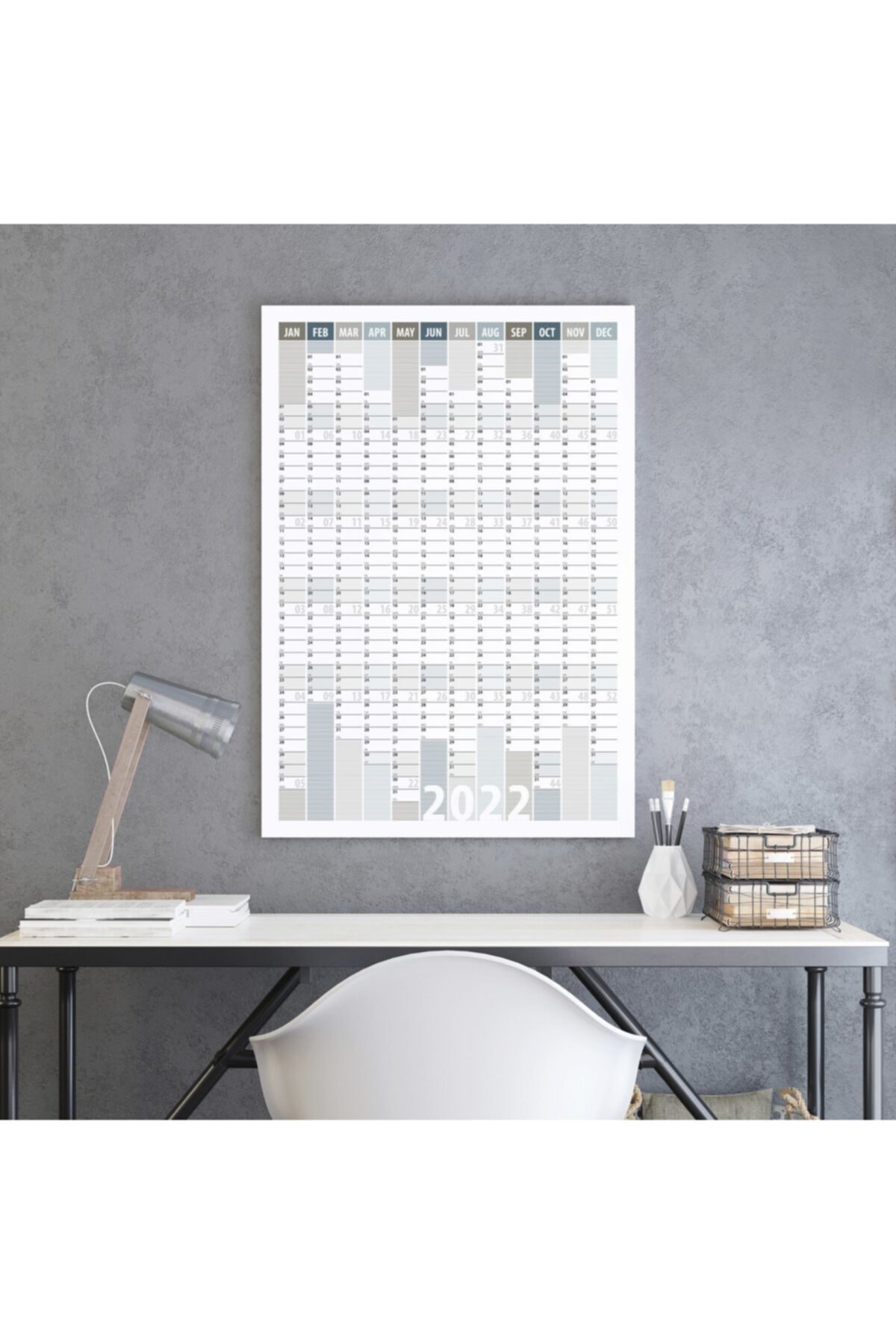 bi'aldım 2022 Yıllık Planlayıcı Duvar Takvimi 50x70 cm Haki Mavi Gri Çizgili