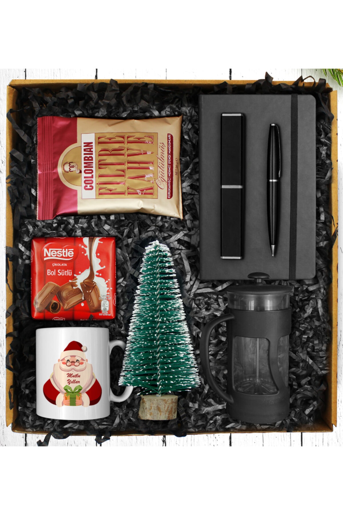 Apollon Gift Yılbaşına Özel Tasarım Kupa & Filtre Kahve & Çikolata & Çam Ağacı & Defter & Kalem & French Press