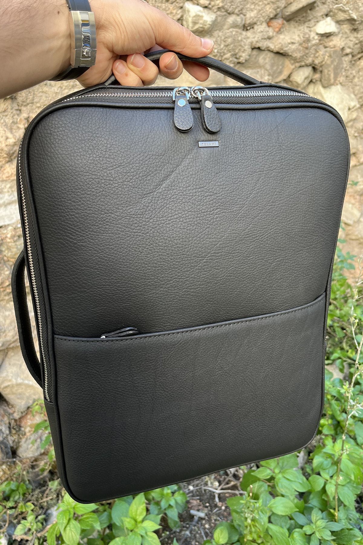 TELANİ Siyah Hakiki Deri Sırt Laptop Çantası El Yapımı Bilgisayar Çanta