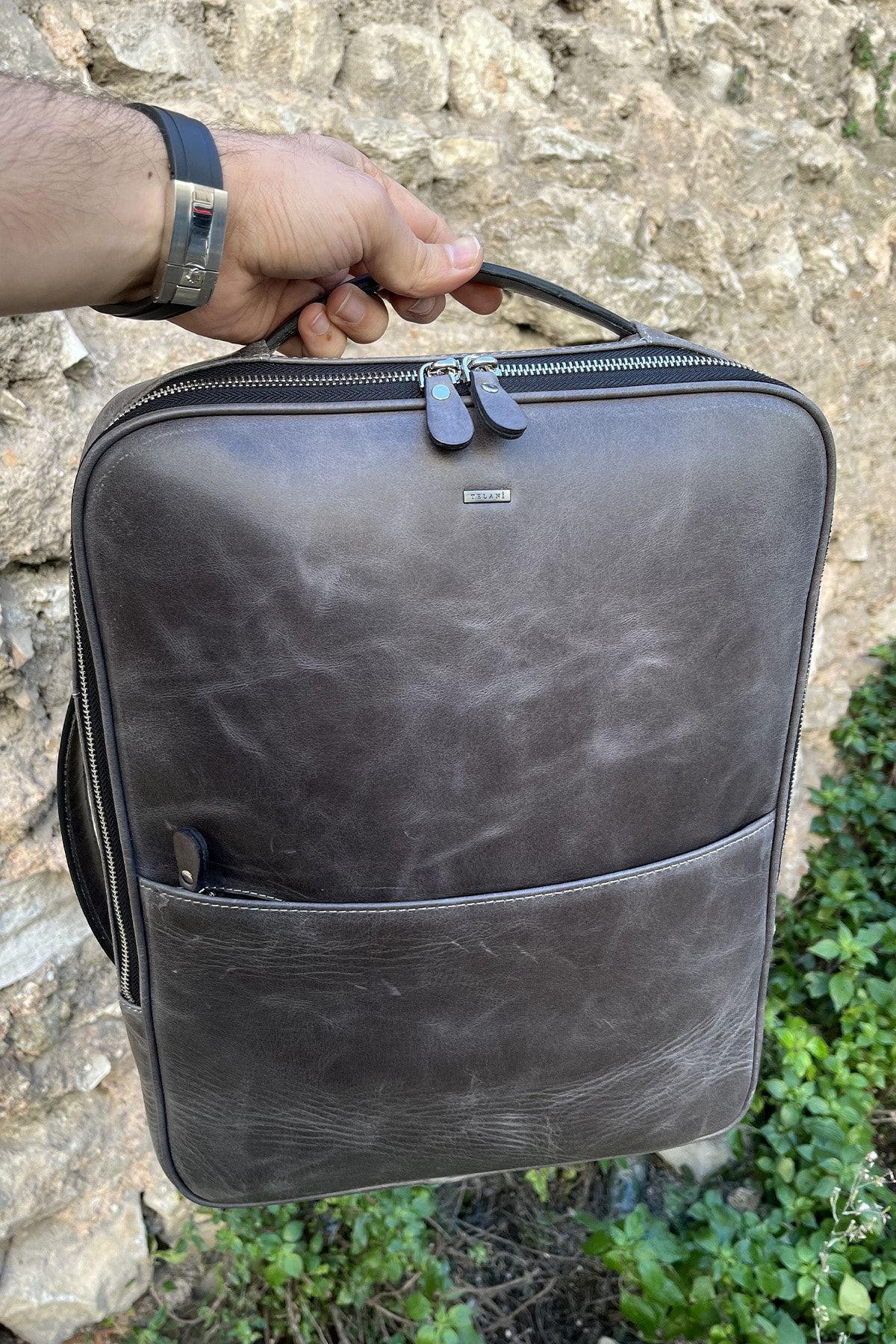 TELANİ Gri Tiguan Hakiki Deri Sırt Laptop Çantası El Yapımı Bilgisayar Çanta