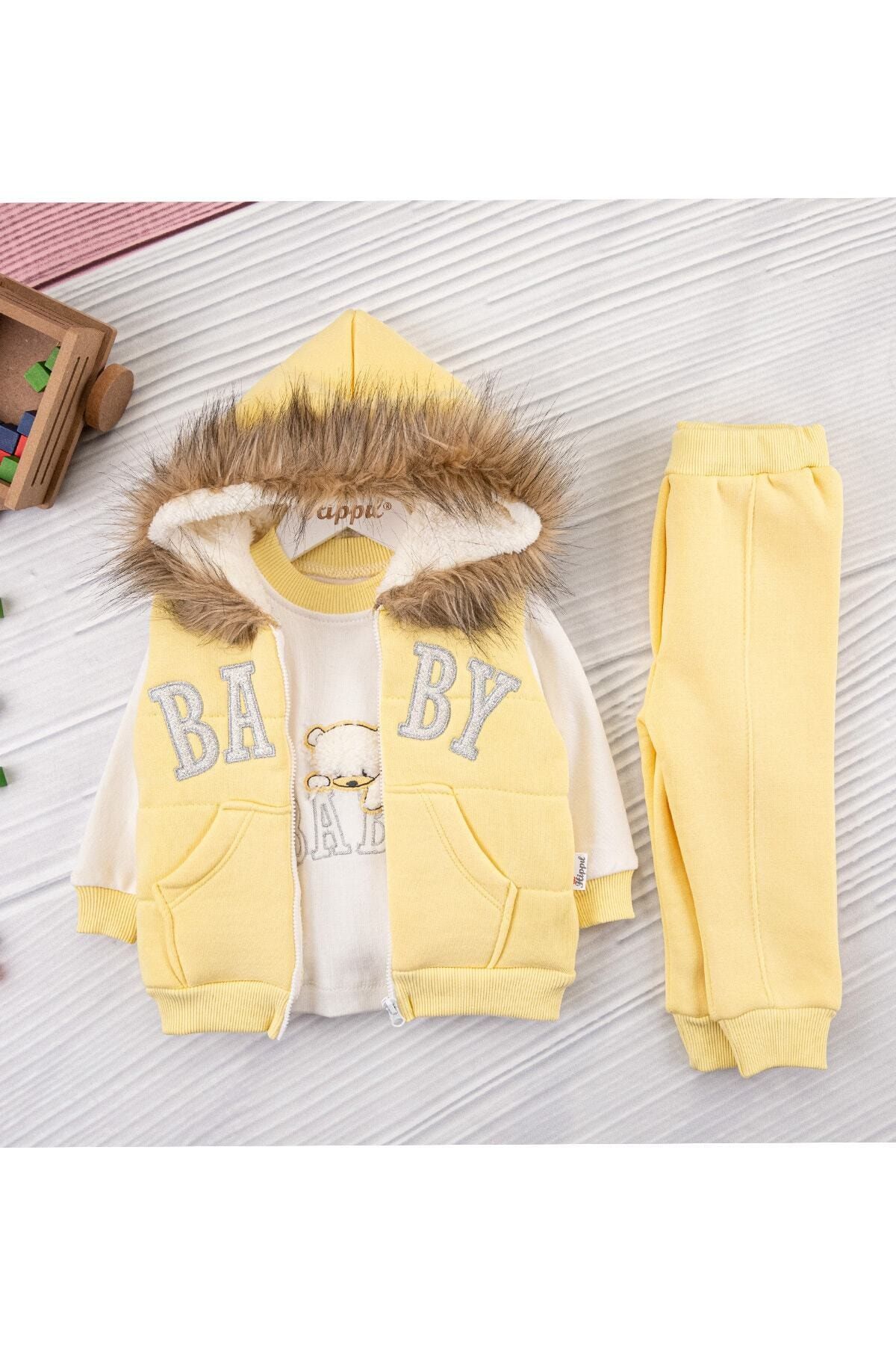 Hippıl Baby Unisex Kapüşonlu Yelekli 3'lü Lüx Tarz Takım