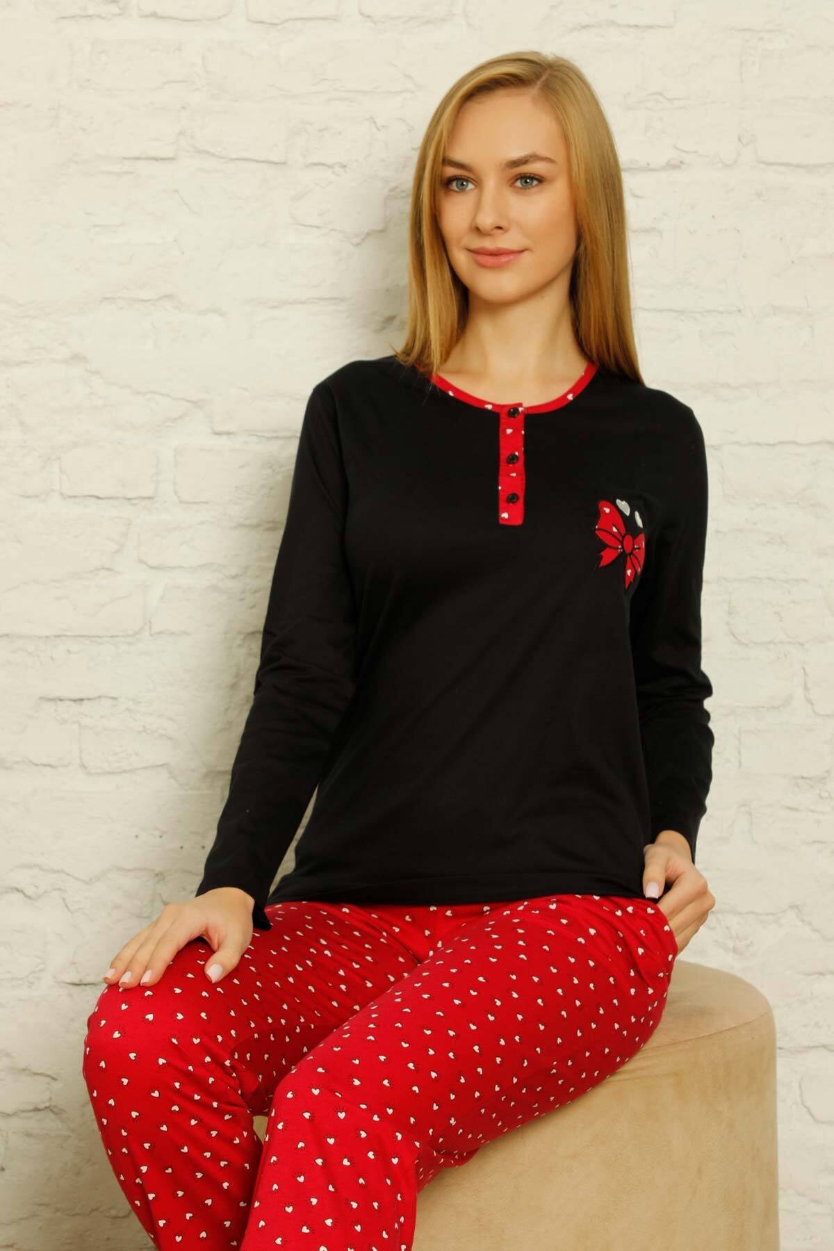 My Fashion World Kalpli Fiyonk Desenli Kırmızı Pamuklu Kadın Pijama Takımı 2627