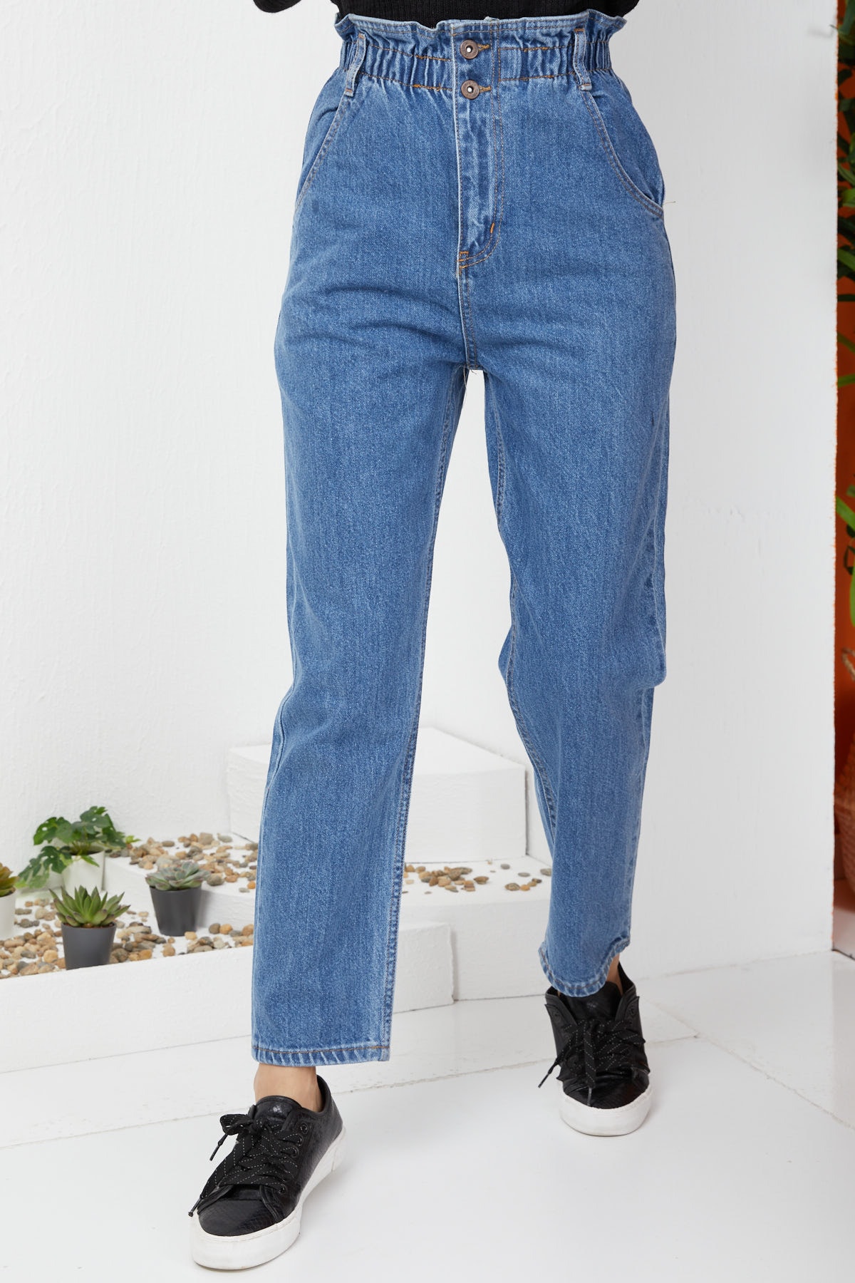 İmajButik Yüksek Bel Beli Lastikli Mom Jean Kot Pantolon Açık Mavi