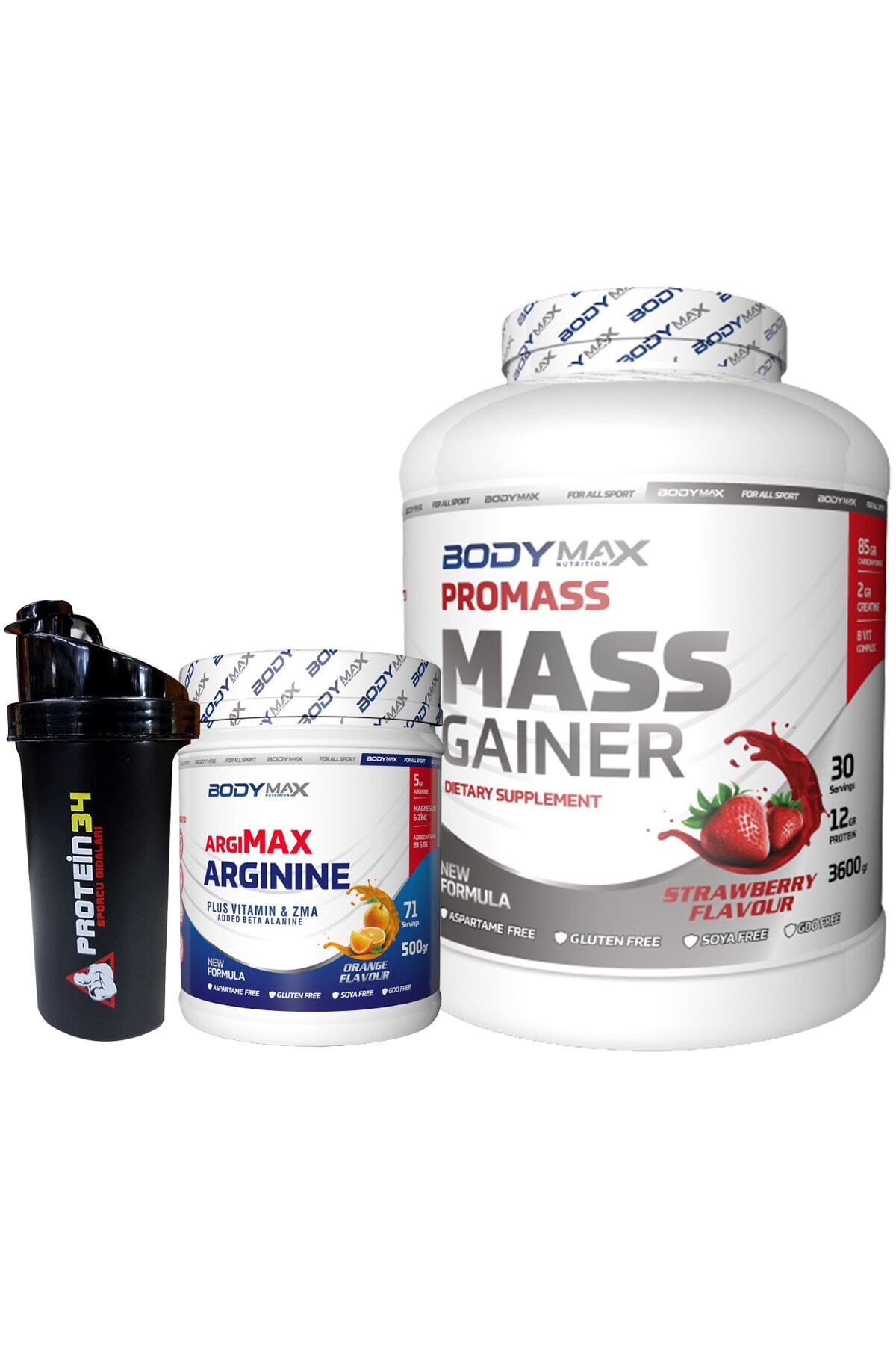 BODYMAX Kilo Hacim Kombinasyonu Promass Gainer 3600 gr Çilekli Arginine 500 gr  Shaker