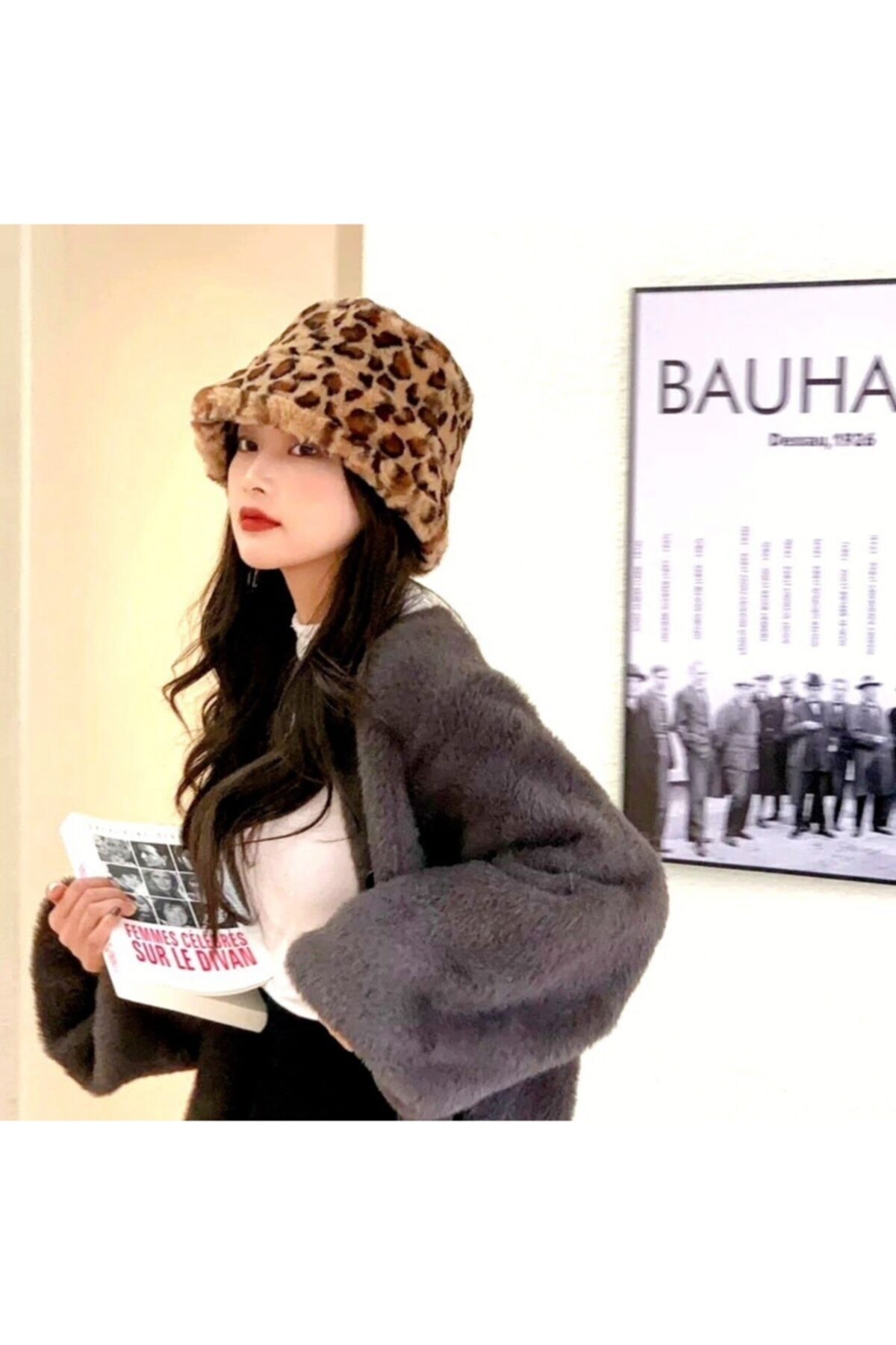 Coth Kore Tarzı Kadın Şapkası Peluş Kış Şapka Balıkçı Şapkası Leopar Desen Seri 02
