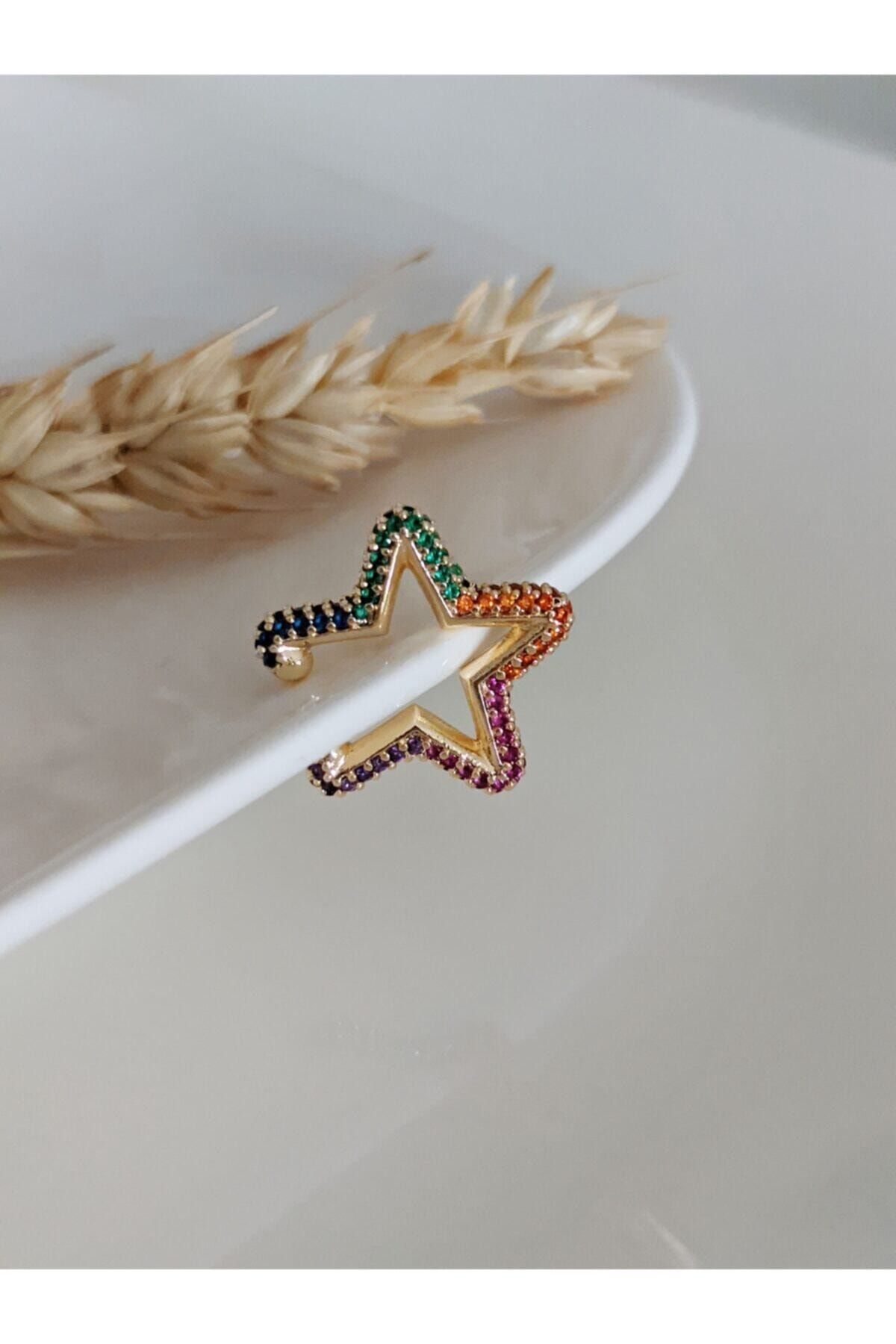 SU PERİSİ TAKI BİJUTERİ Kadın Gold Renkli Zirkon Taşlı Yıldız Earcuff Kıkırdak Küpe
