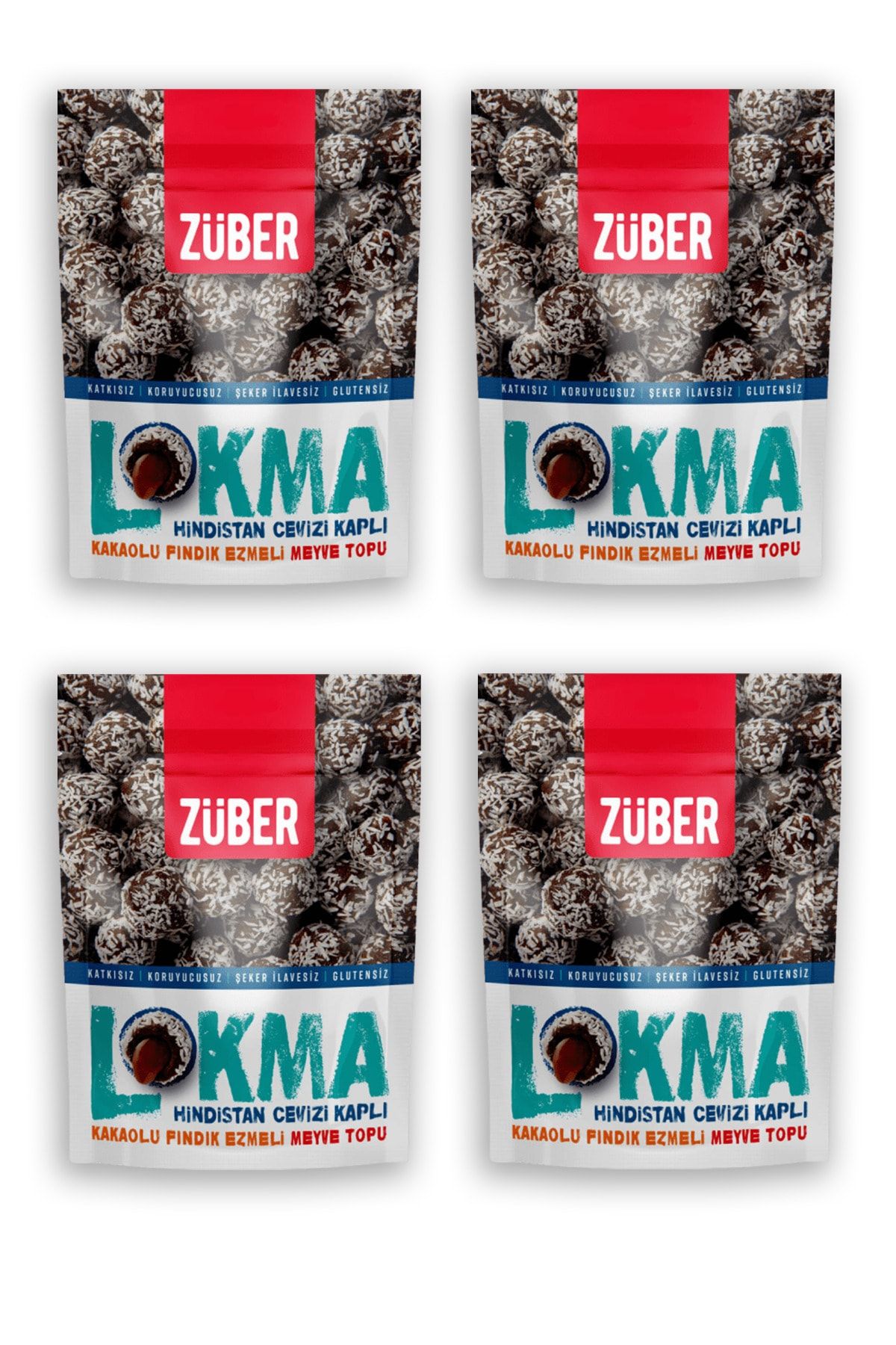 Züber Lokma - Hindistan Cevizi Kaplı Kakaolu Fındık Ezmeli Lokma 96g X 4 Paket