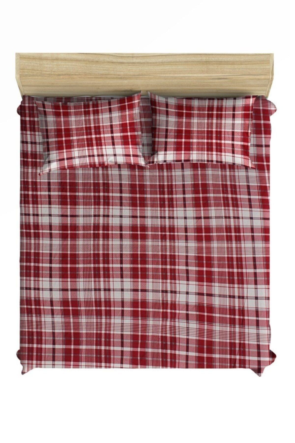 NO NAME %100 Pamuk Pazen (flanel) Kırmızı Krem 180x200 Battal Boy Lastikli Çarşaf Takımı