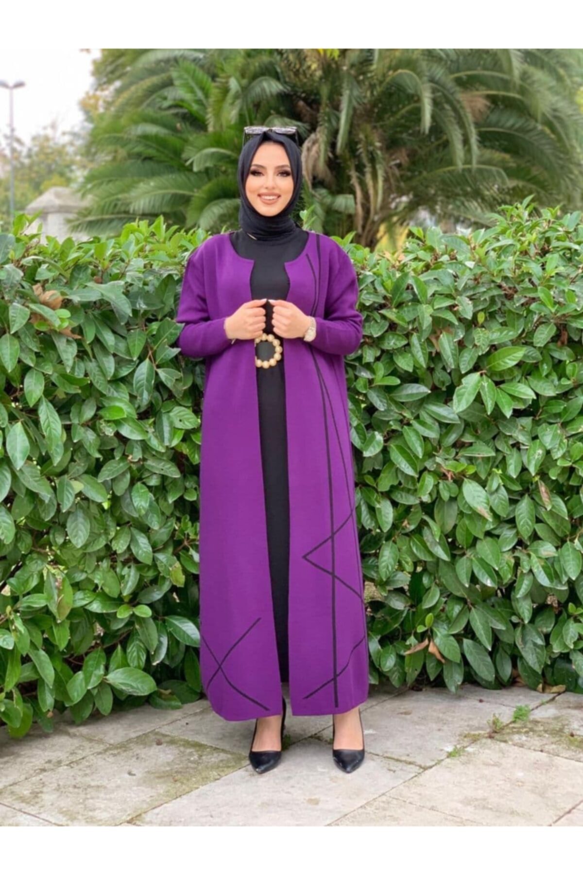 LOVELY FASHION Mor Çizgili Desenli Triko Hırka