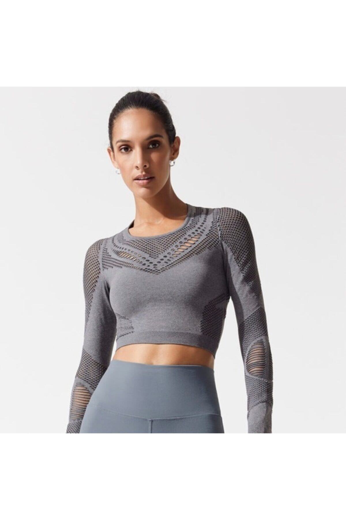 Alo Yoga Gri Uzun Kollu Seamless Spor Crop Top