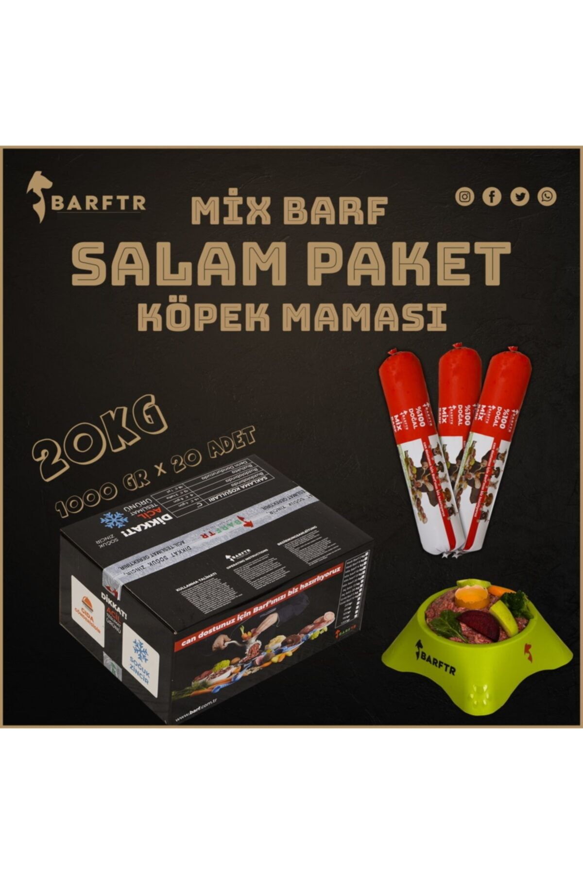 BARFTR Mix Barf 20 Kg Salam Köpek Maması (20 Paket - 1000 Gr)