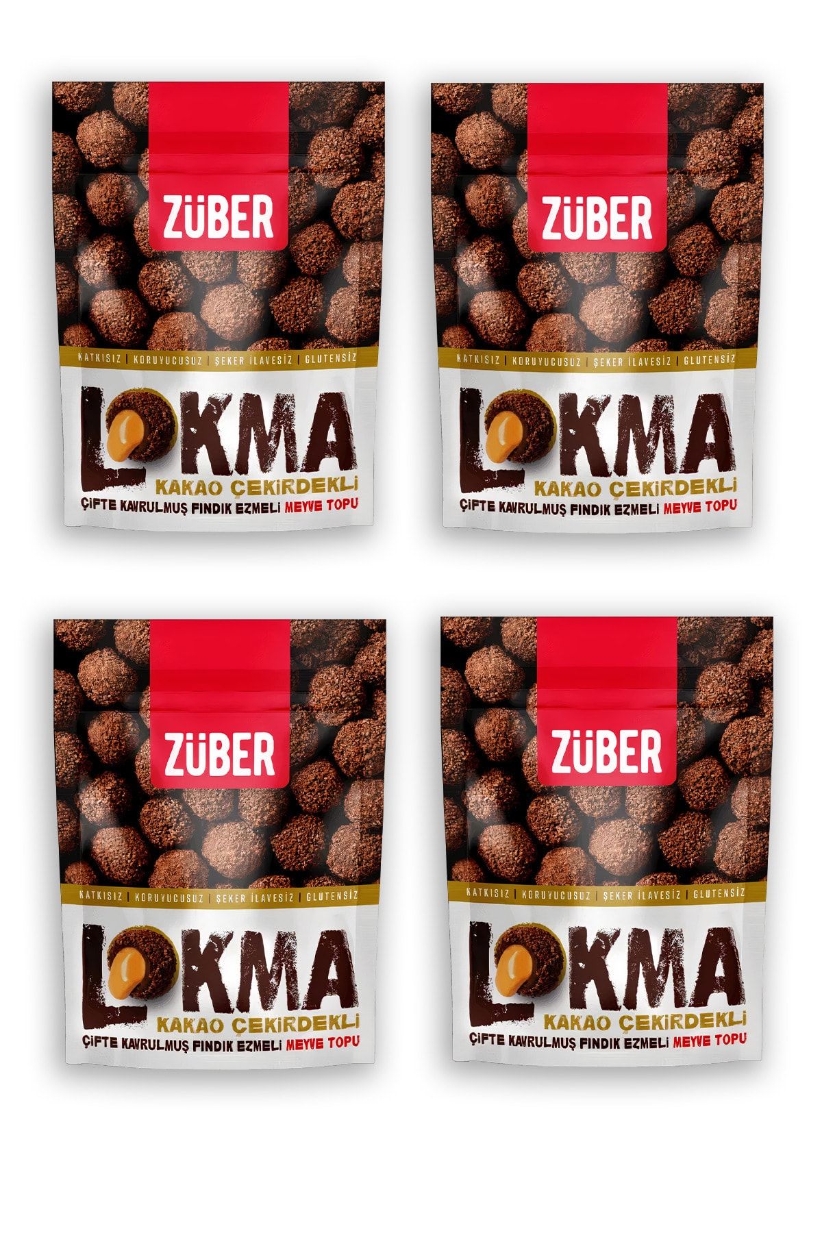 Züber Lokma Kakao Çekirdekli, Çifte Kavrulmuş Fındık Ezmeli Lokma, 96g X 4 Paket