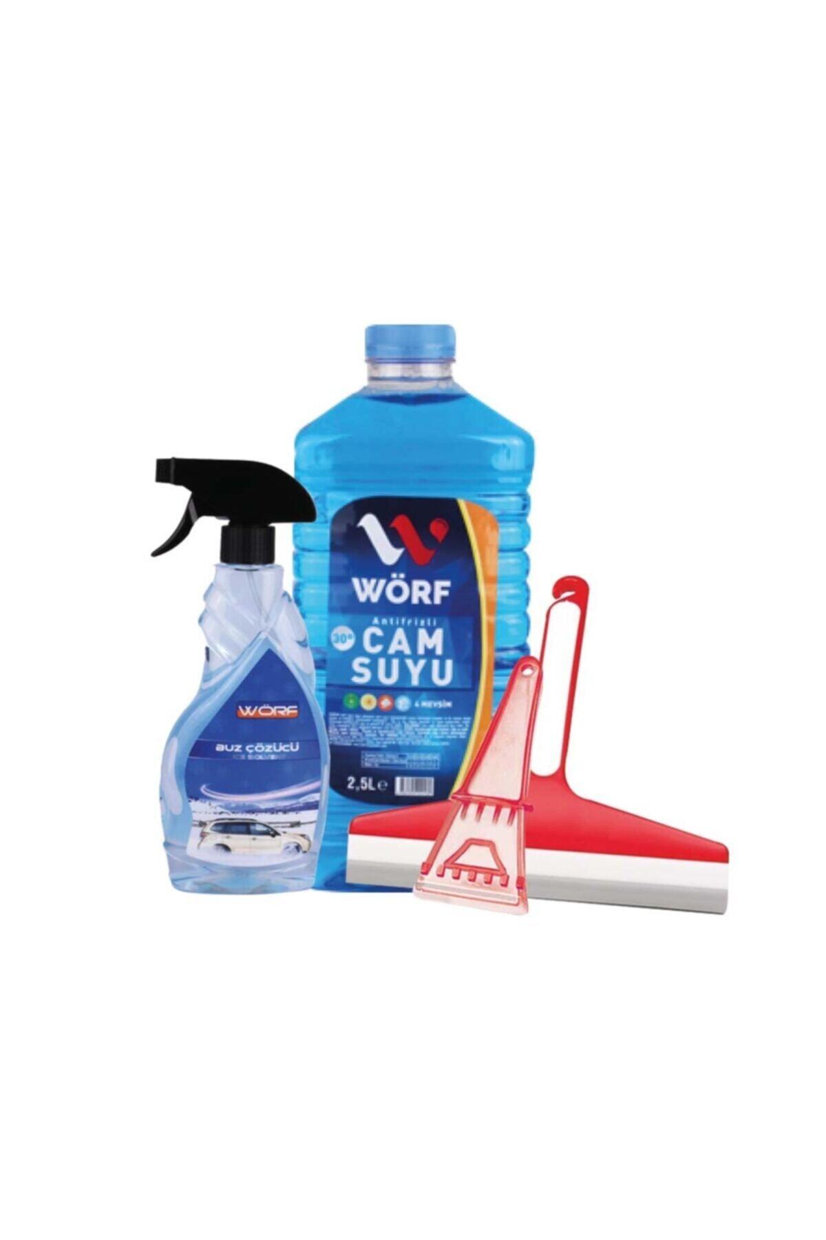 WÖRF Kışlık Oto Bakım Seti 2,5 Lt. 30°c Cam Suyu & Buz Çözücü & Buz Kazıyıcı & Çekçek & 4'lü Bez