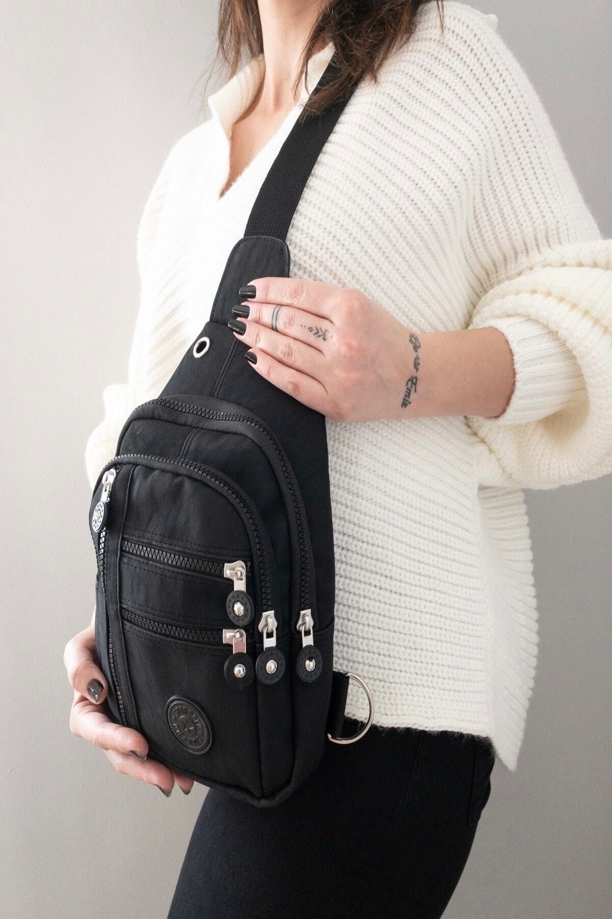 RİBANY BAG Siyah Unisex Suya Dayanıklı Krinkıl Kumaş Çok Bölmeli Çapraz Askılı Günlük Omuz Ve Sırt Çantası