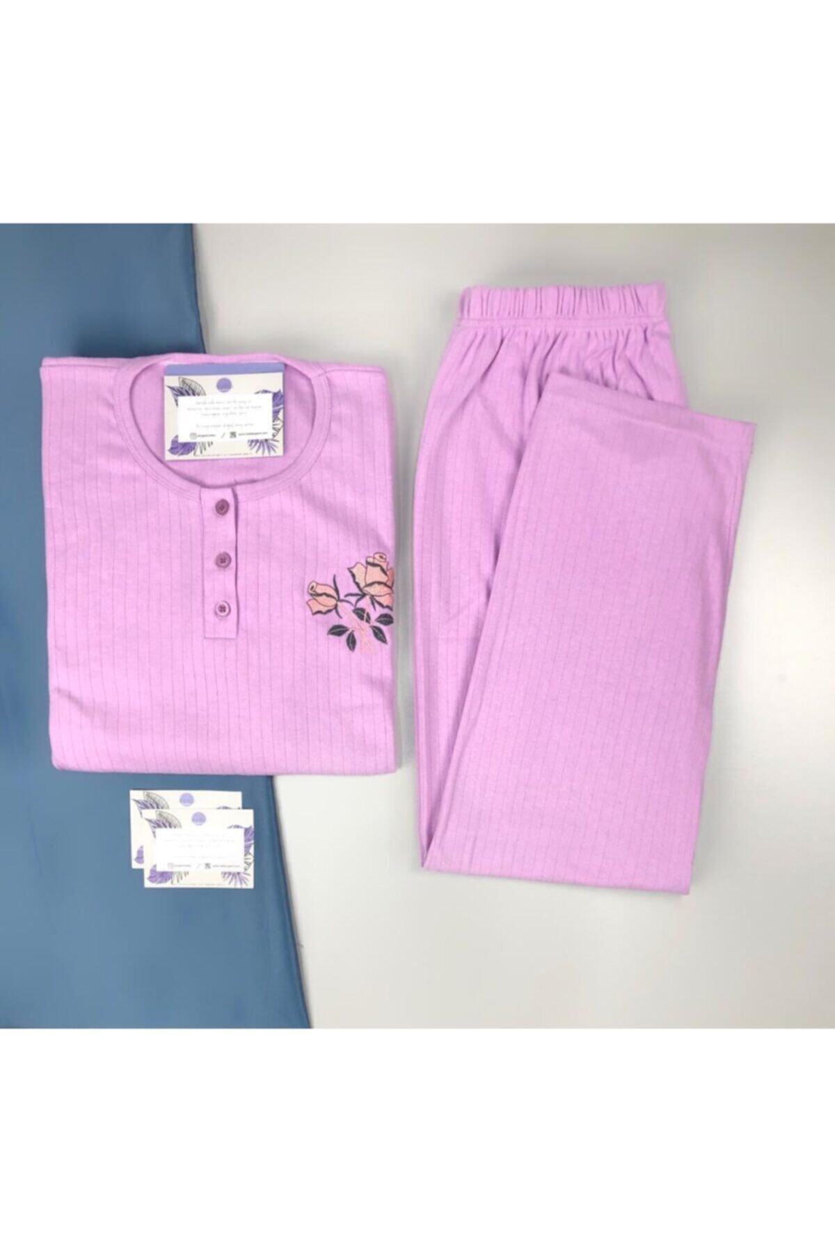 Meba Anne Çiçek Desenli Kışlık Uzun Kollu Lila Pijama Takımı
