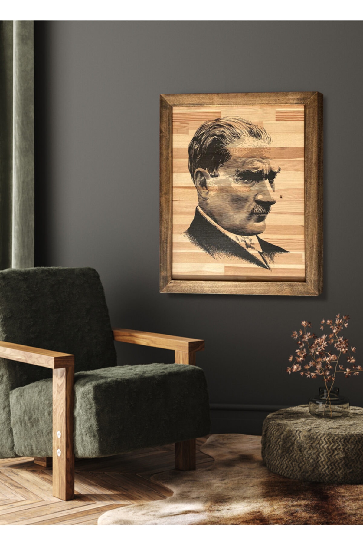 Sticker Sepetim Atatürk Ahşap Tablo - Ceviz Rengi Ahşap Çerçeveli Masif Çam Duvar Dekoru