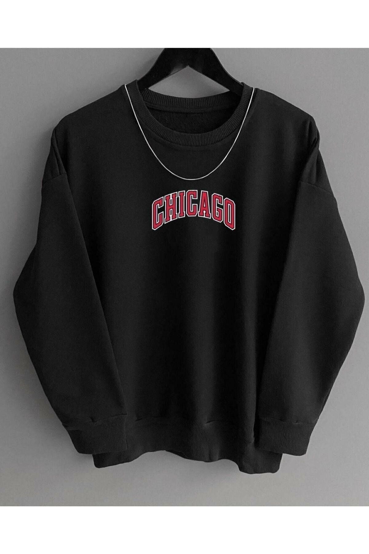 BAYMODAA35 Chicago Baskılı Siyah Sweat