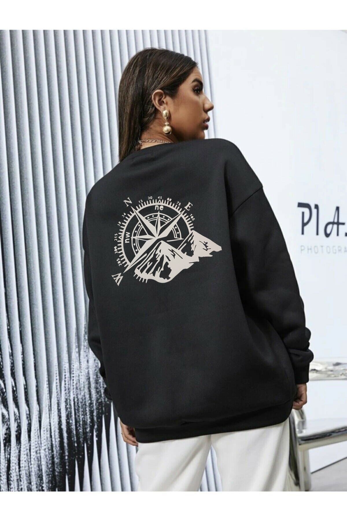 MERENCOLLECTİON Unisex Siyah Pusula North Sırt Baskı Detaylı Sweatshirt