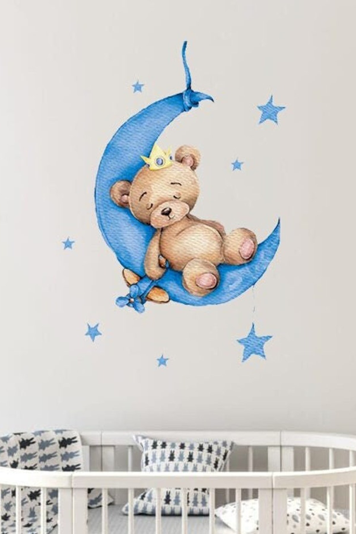 Sim Tasarım Sm364 Mavi Ay Üzerinde Taçlı Uykucu Ayıcık Çocuk Odası Duvar Sticker Seti
