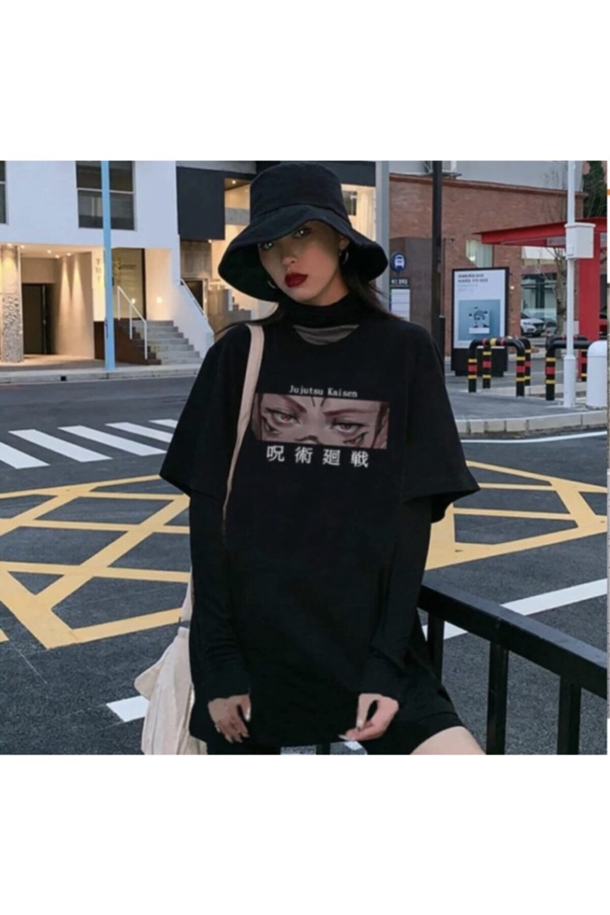 wicromed Unisex Siyah Anime Jujutsu Kaise Oversize T-shırt