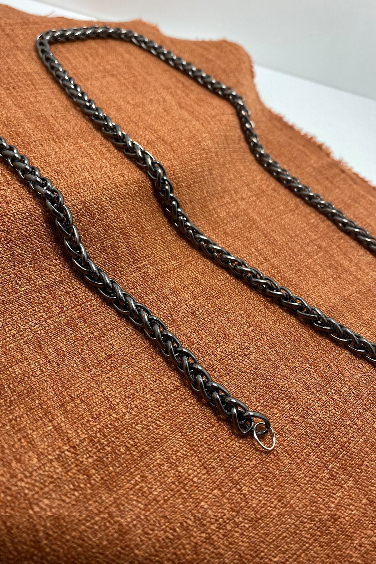 Nothus Siyah Renk Örgü Zincir Kolye & Bileklik Seti