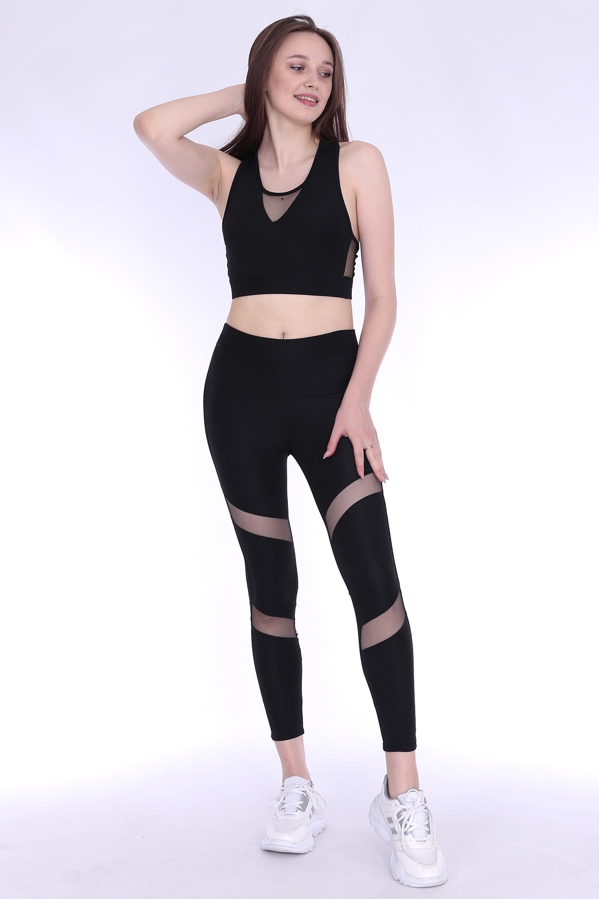 Belize Fashion Kadın Siyah Çift Tül Transparan Detaylı Sporcu Tayt