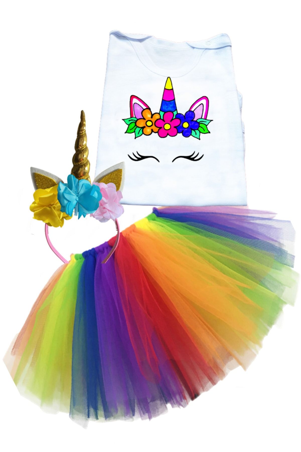 bba new trend Unicorn Tütü Etek Seti,gökkuşağı Unicorn Doğum Günü Tütü Astarsız Set