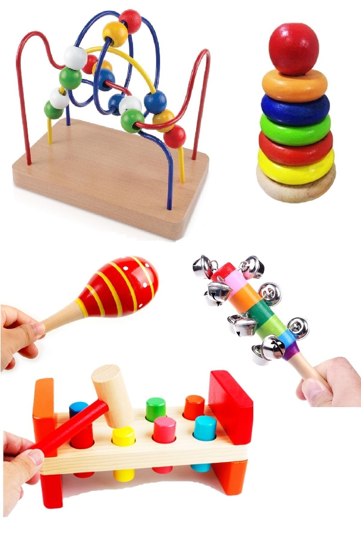AyasEğiticiOyuncak 5'li Ahşap Zeka Seti Geometrik Oyuncak -halka Kule- Çivi Çakma Çakçak - Marakas 2 Adet