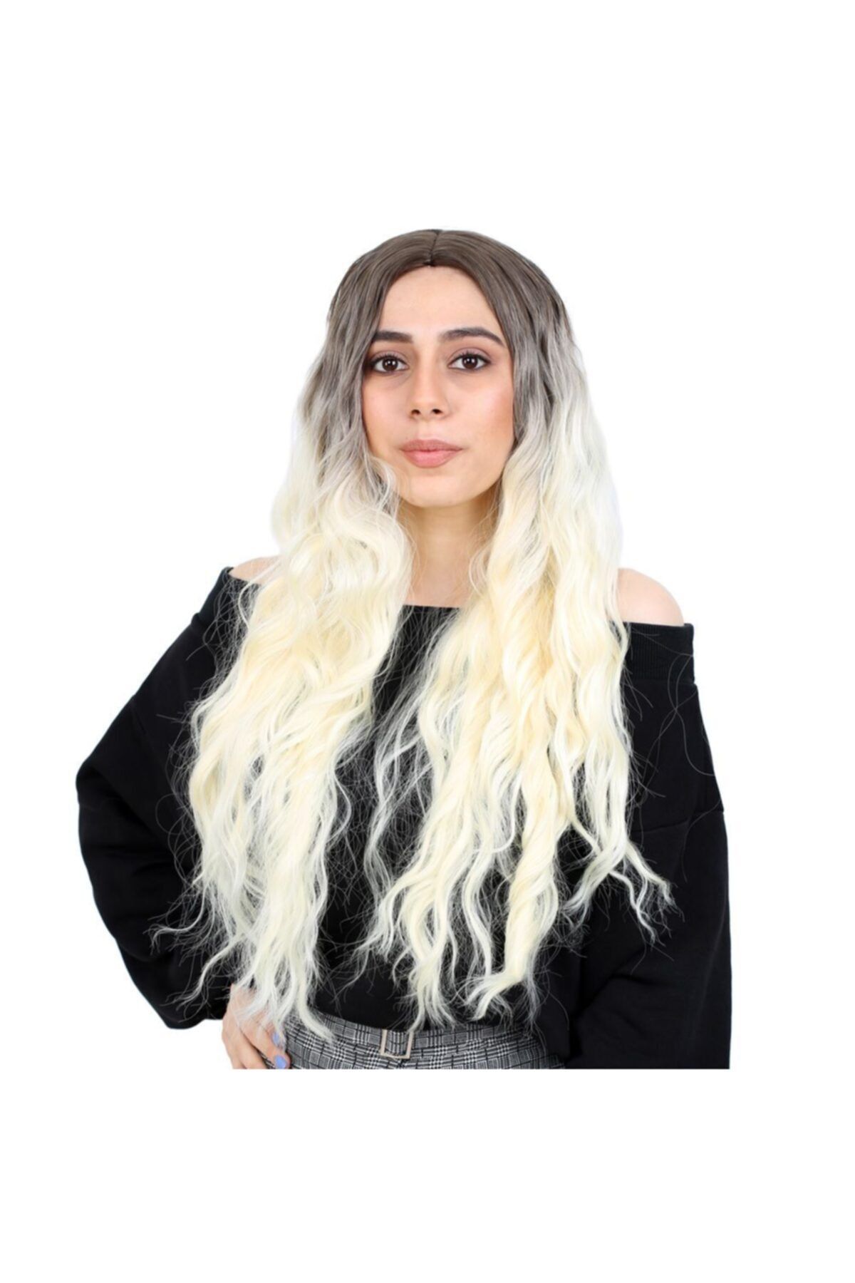 Marpessa Fiber Sentetik Uzun Su Dalgası Peruk - Kahve / Platin Ombreli