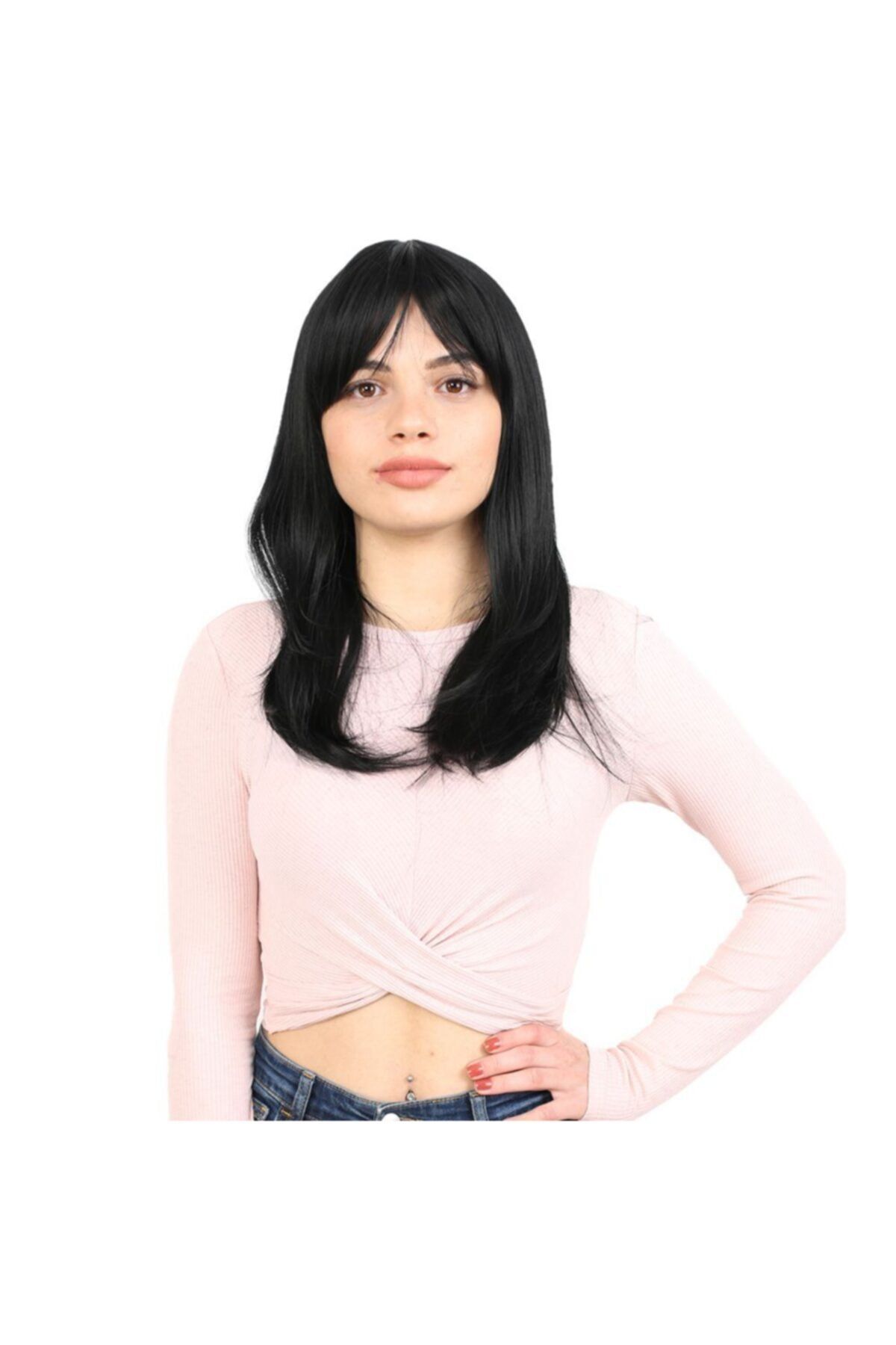 Marpessa Düz Perçemli Orta Boy Fiber Sentetik Peruk - Siyah