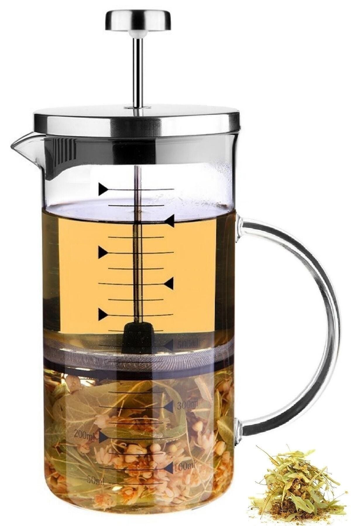 Mallame French Press Bitki Çayı Demliği Filtre Kahve Ataşe Dayanıklı Demlik Borosilikat Cam Ölçü Kabı 600ml