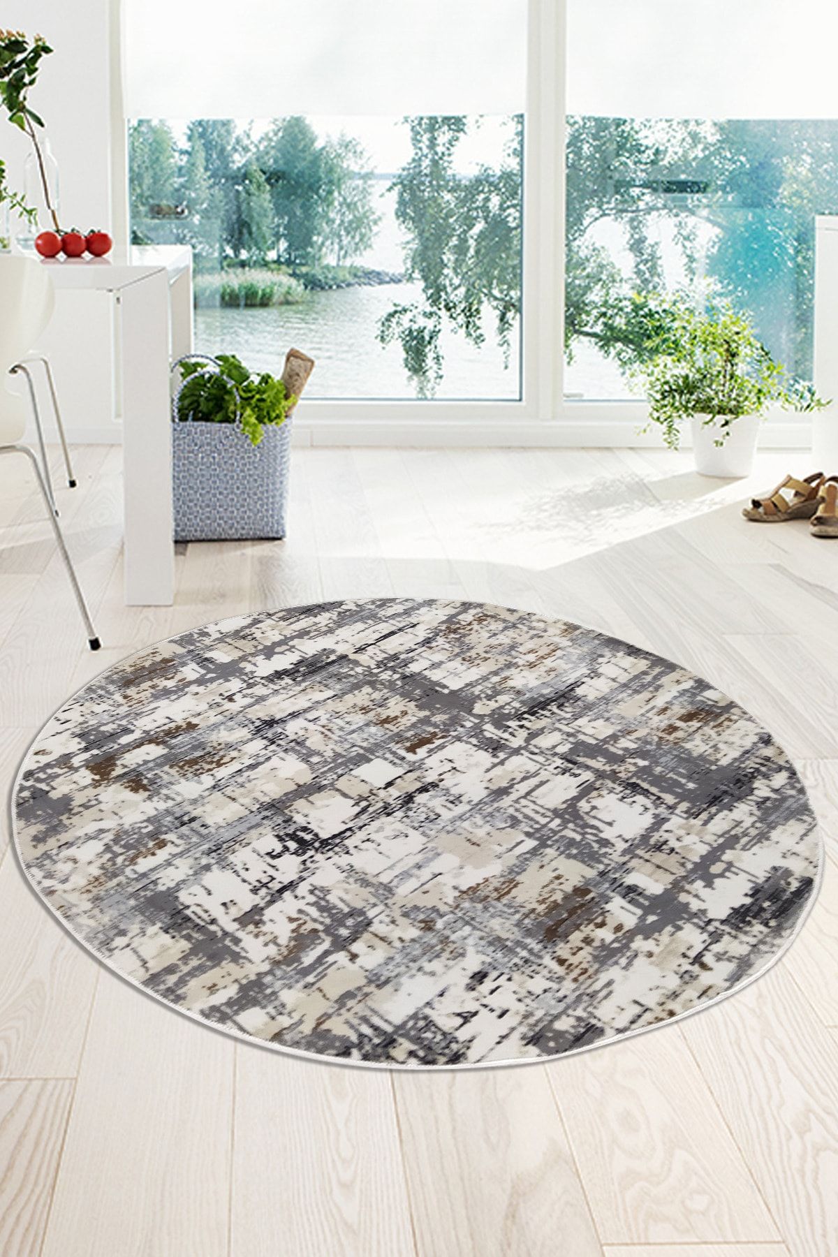 Luya Home Kaymaz Tabanlı Kesme Rulo Halı Yolluk Gri Krem Daire